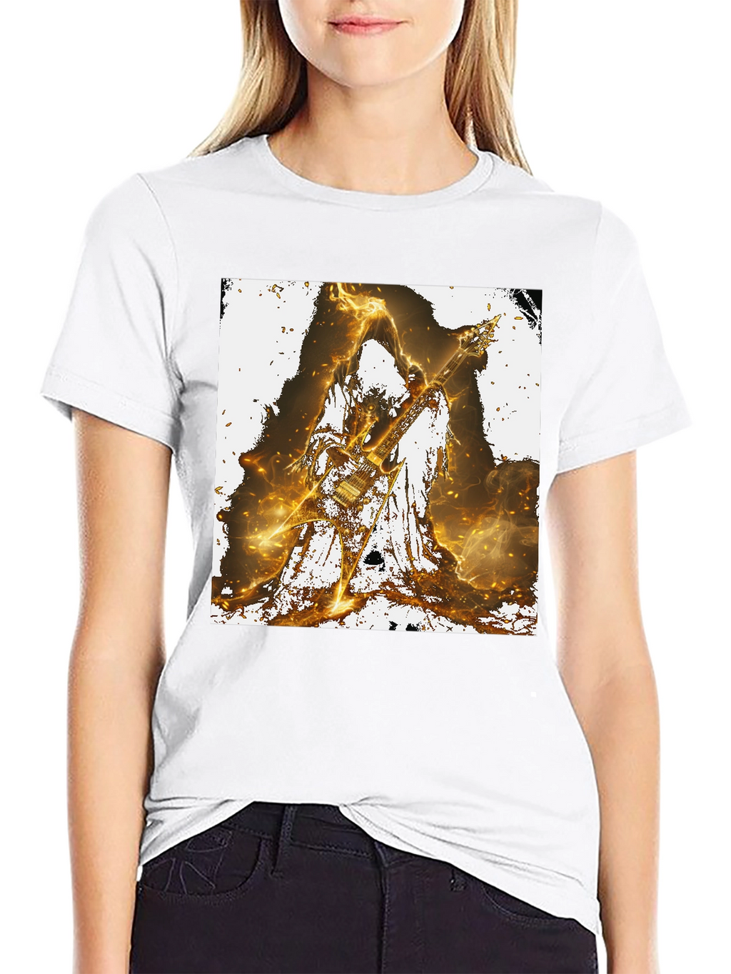 Fiery Guitarist Graphic Tee - Black Cotton T-Shirt