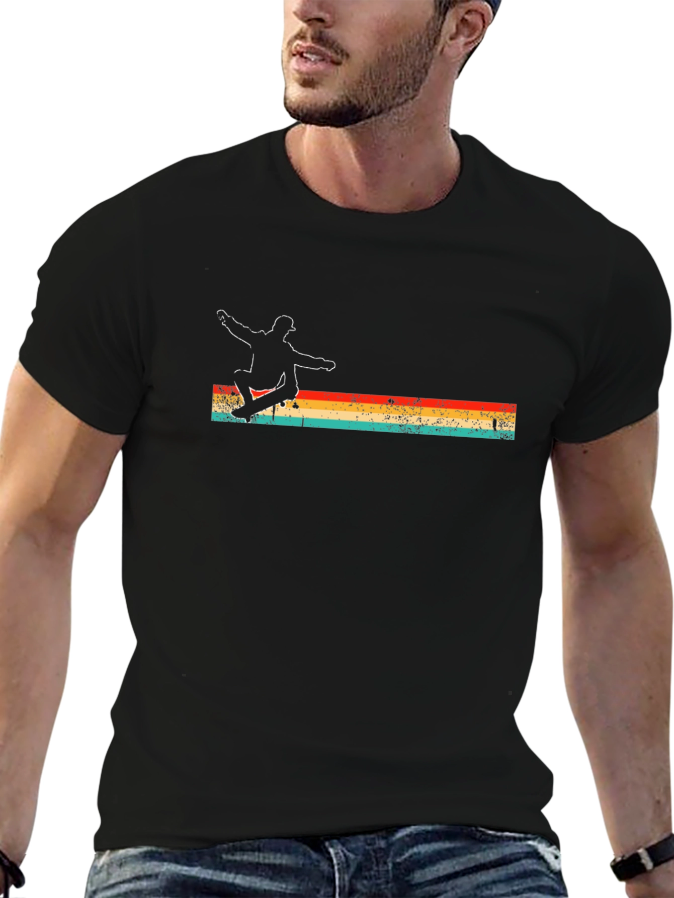Retro Skateboarder Graphic Tee - Black Cotton Shirt