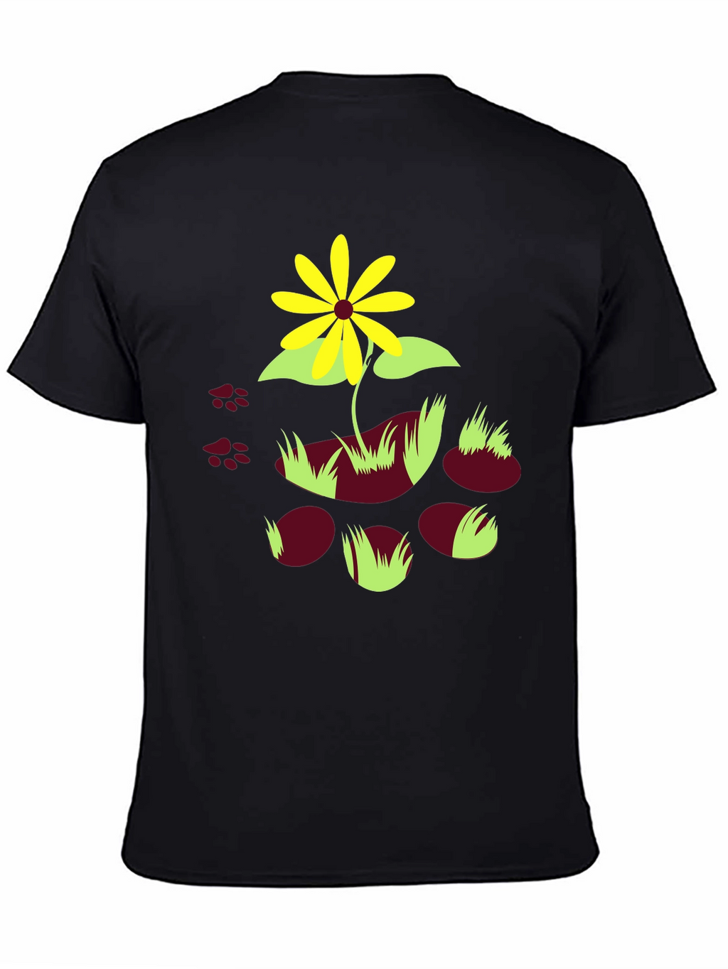 Black T-Shirt with Floral and Paw Print Design