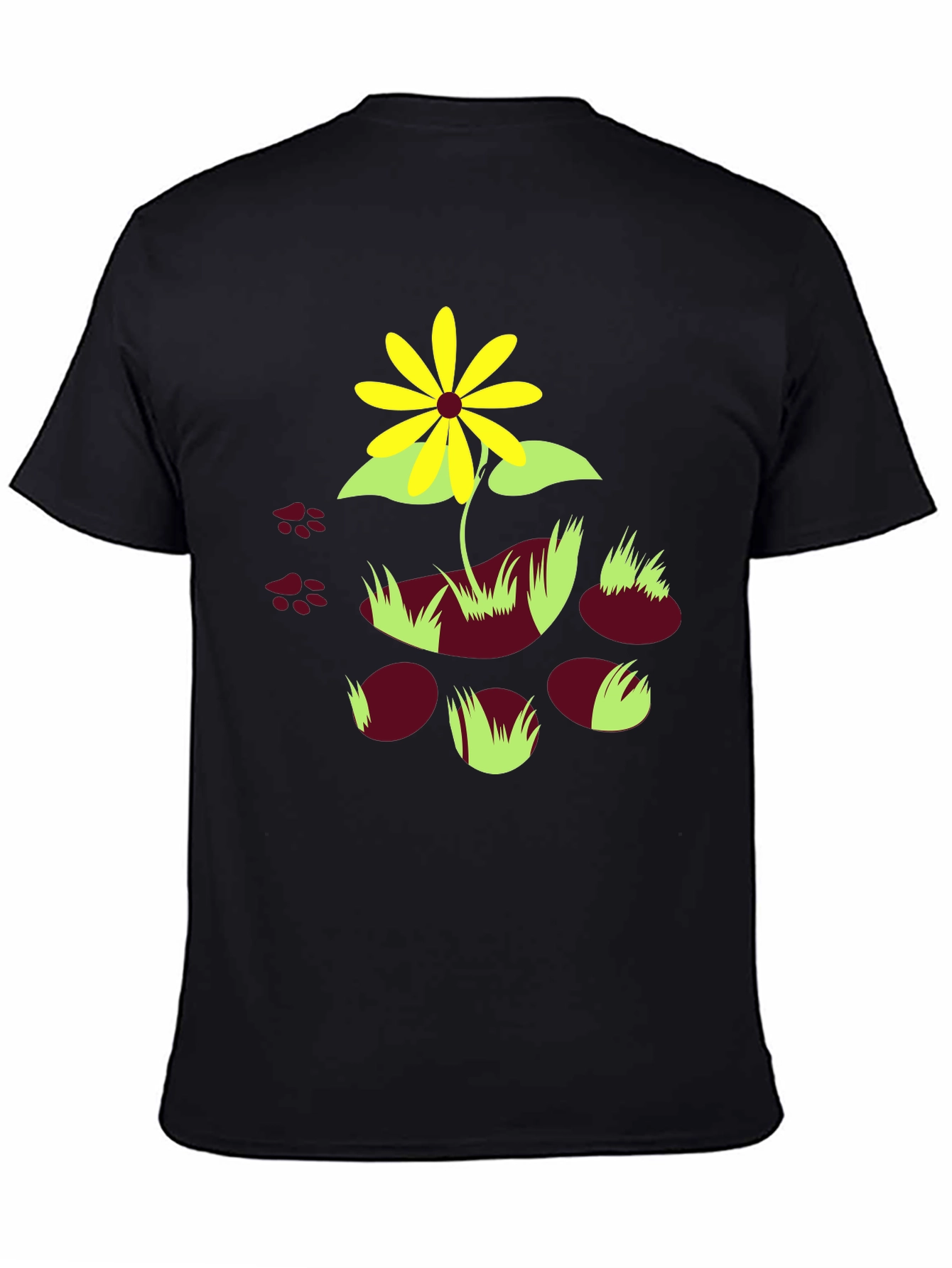 Black T-Shirt with Floral and Paw Print Design