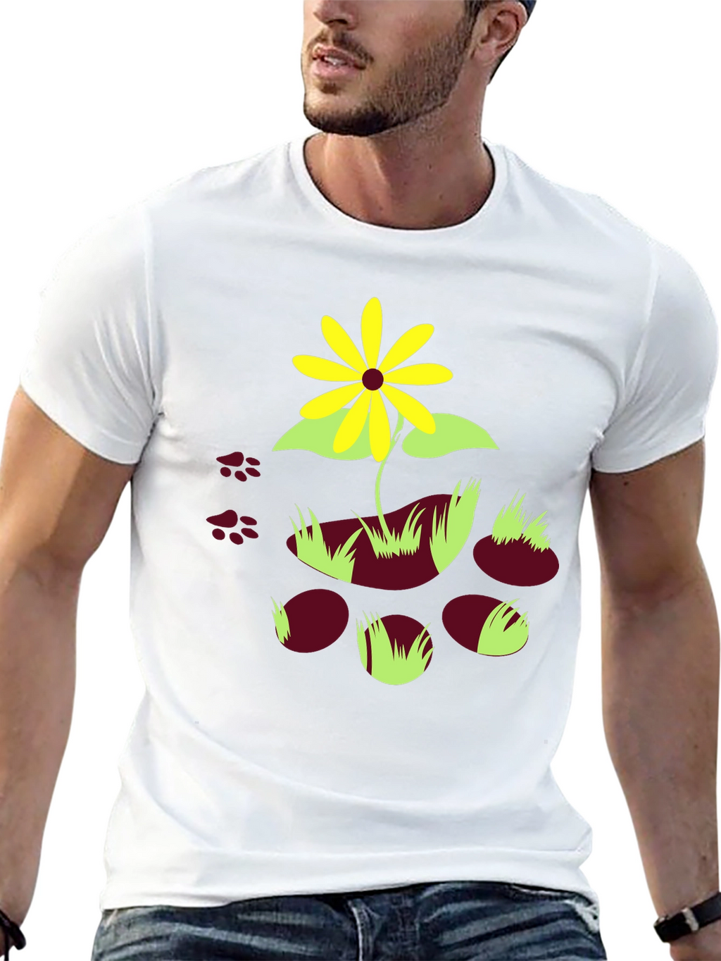 Black T-Shirt with Floral and Paw Print Design