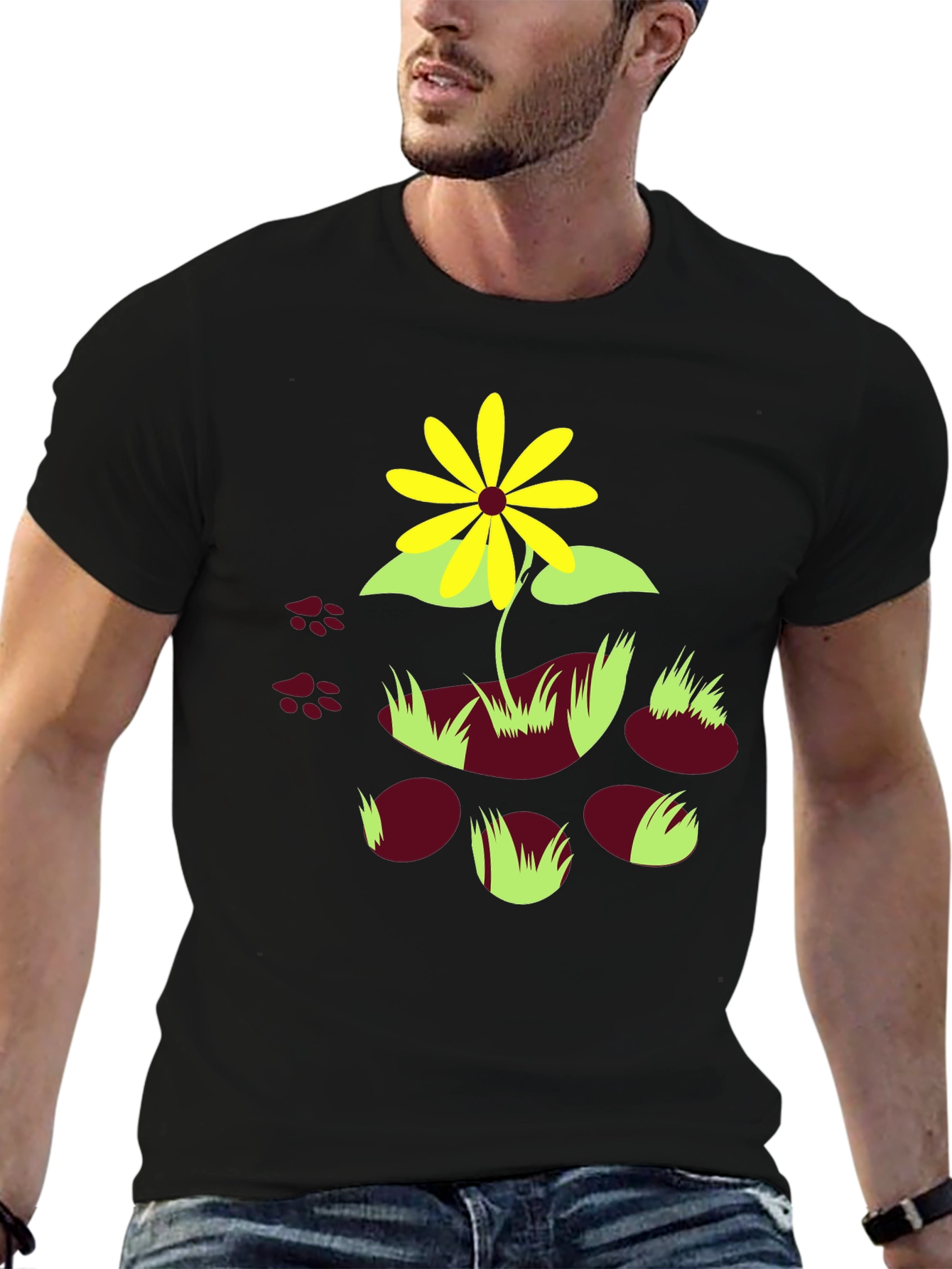 Black T-Shirt with Floral and Paw Print Design