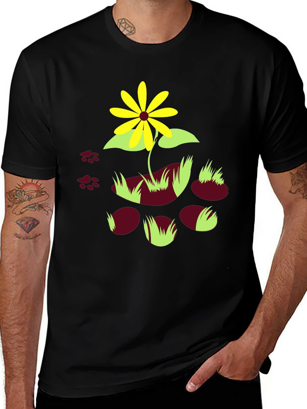 Black T-Shirt with Floral and Paw Print Design