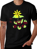 Black T-Shirt with Floral and Paw Print Design