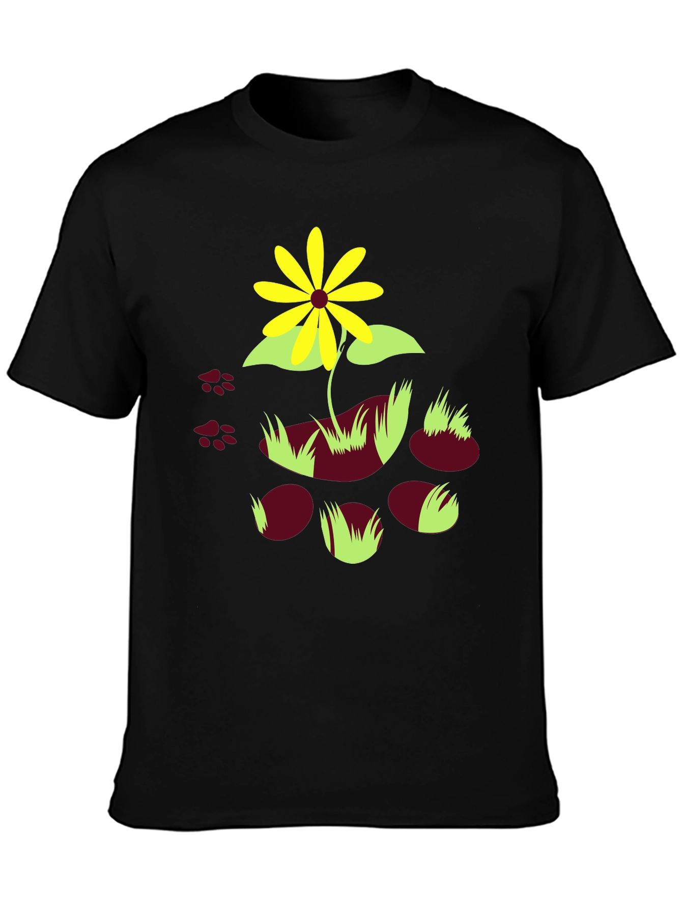 Black T-Shirt with Floral and Paw Print Design