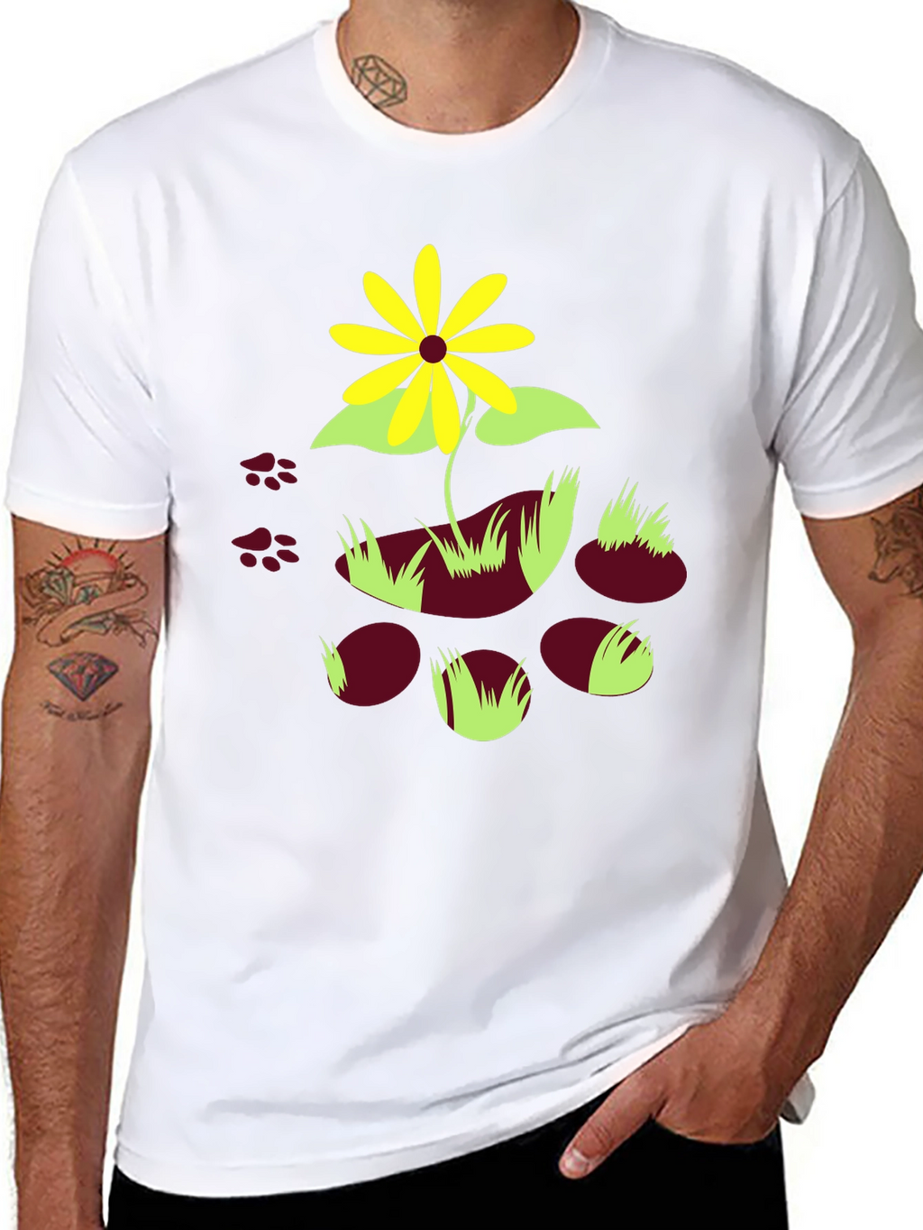 Black T-Shirt with Floral and Paw Print Design