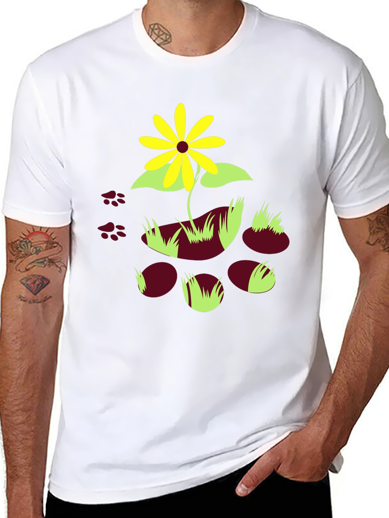 Black T-Shirt with Floral and Paw Print Design