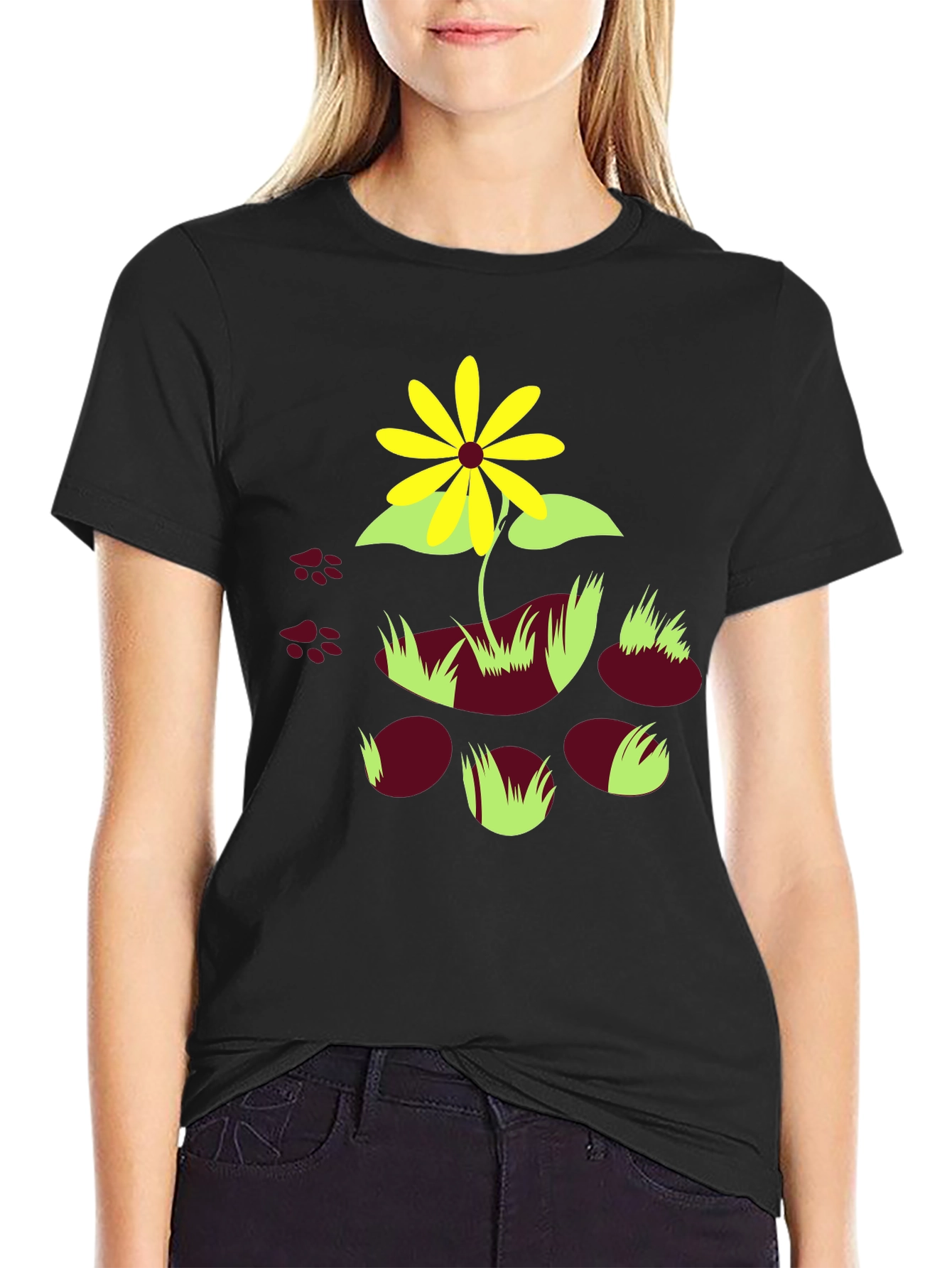 Black T-Shirt with Floral and Paw Print Design