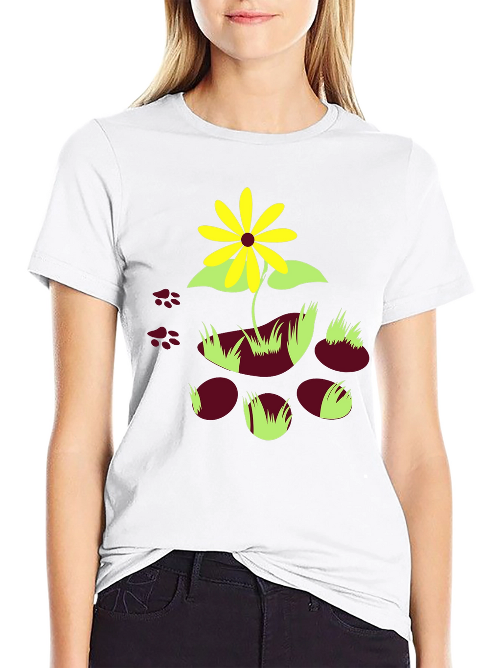 Black T-Shirt with Floral and Paw Print Design