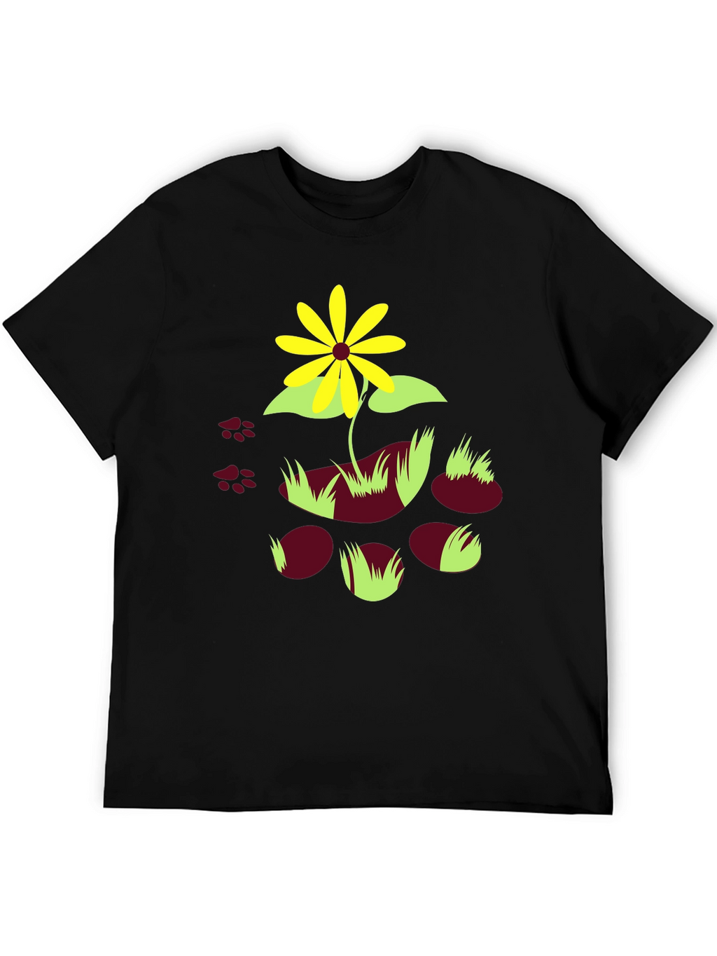 Black T-Shirt with Floral and Paw Print Design
