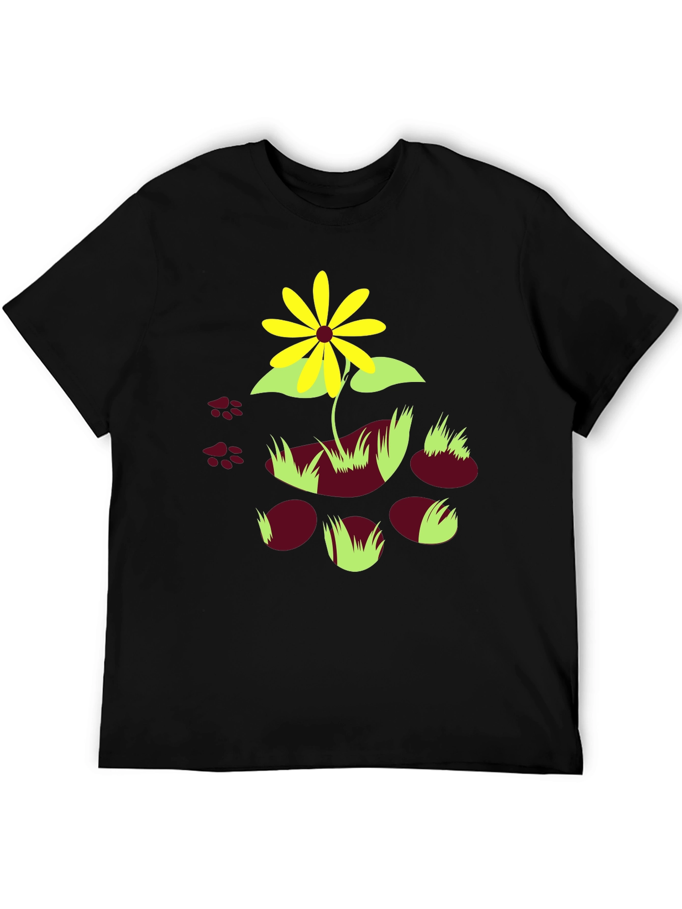 Black T-Shirt with Floral and Paw Print Design