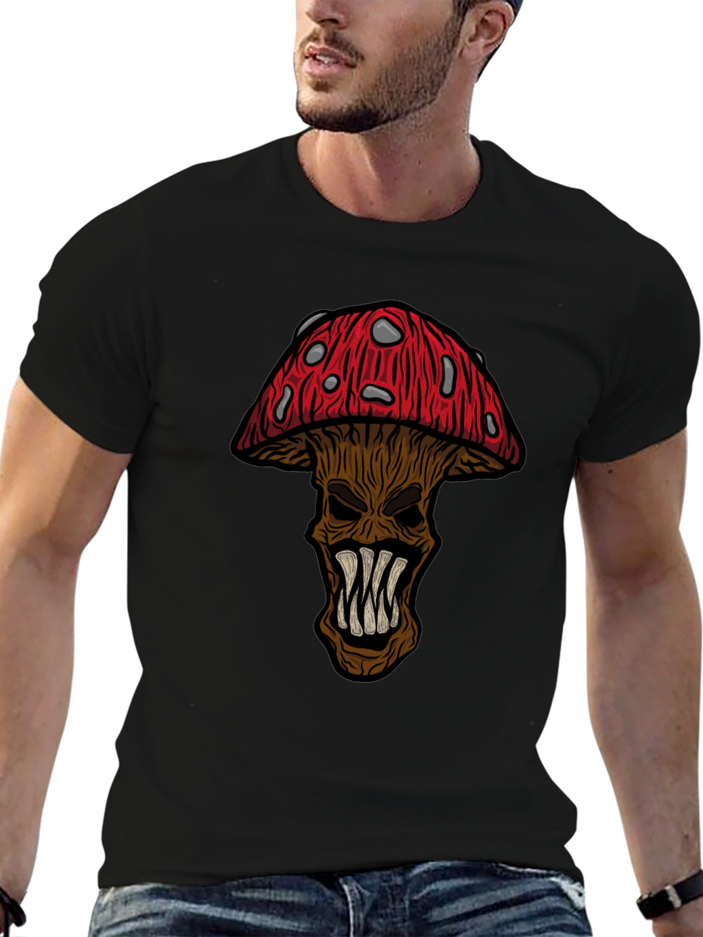 Monster Mushroom Graphic Tee - Black Cotton T-Shirt