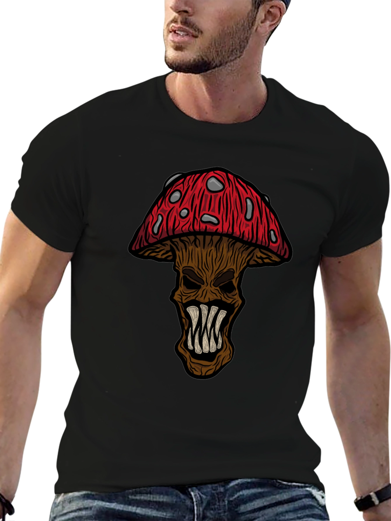 Monster Mushroom Graphic Tee - Black Cotton T-Shirt