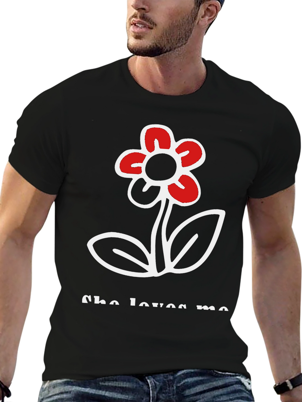 She Loves Me Flower Graphic Tee - Black