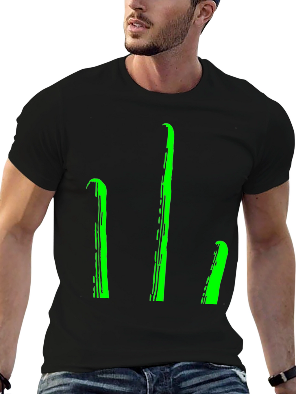 Mens Black T-Shirt with Green Stylized Trident Design