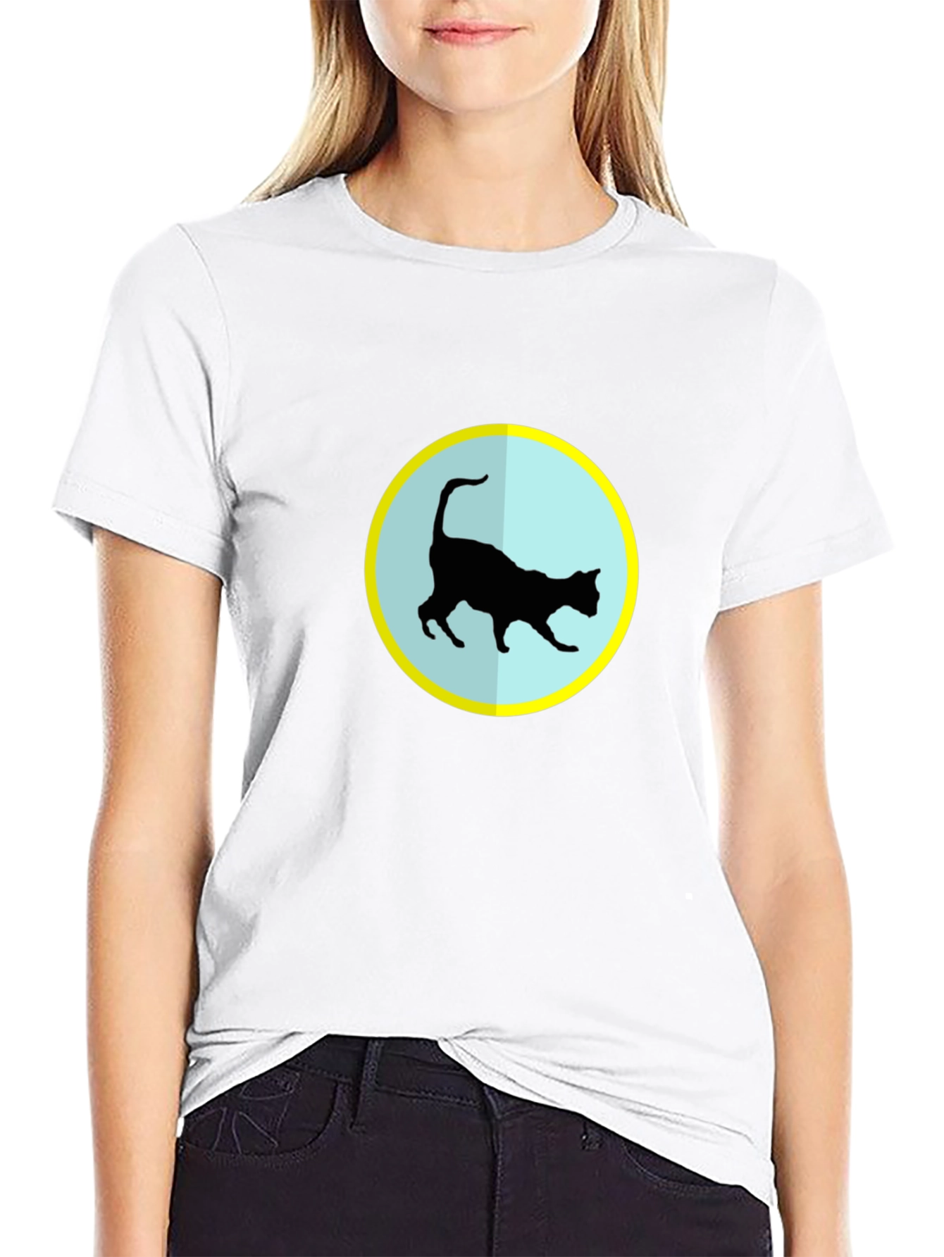 Cat Silhouette T-Shirt - Black Crew Neck Tee