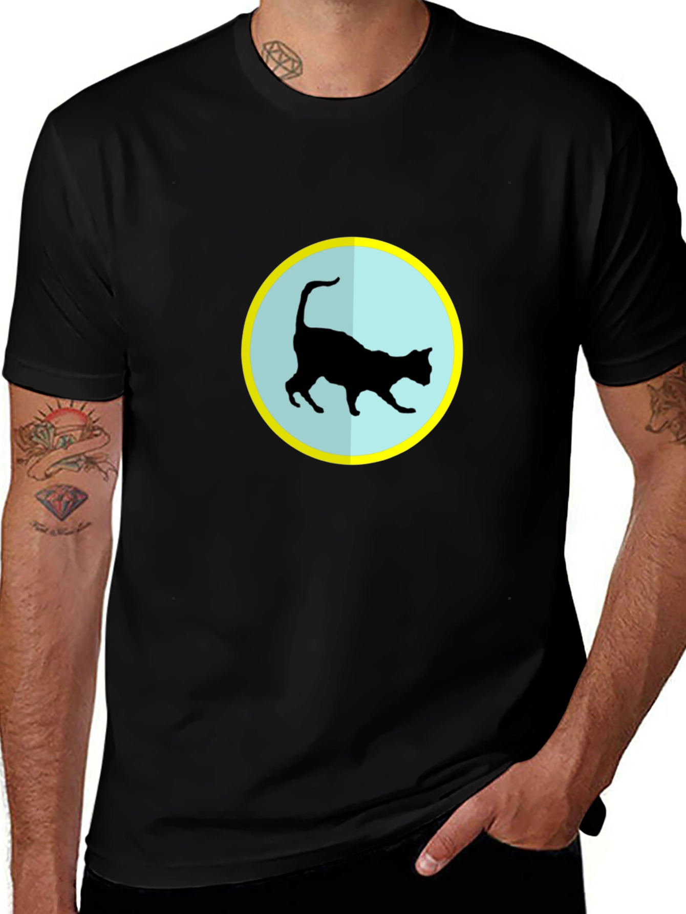 Cat Silhouette T-Shirt - Black Crew Neck Tee