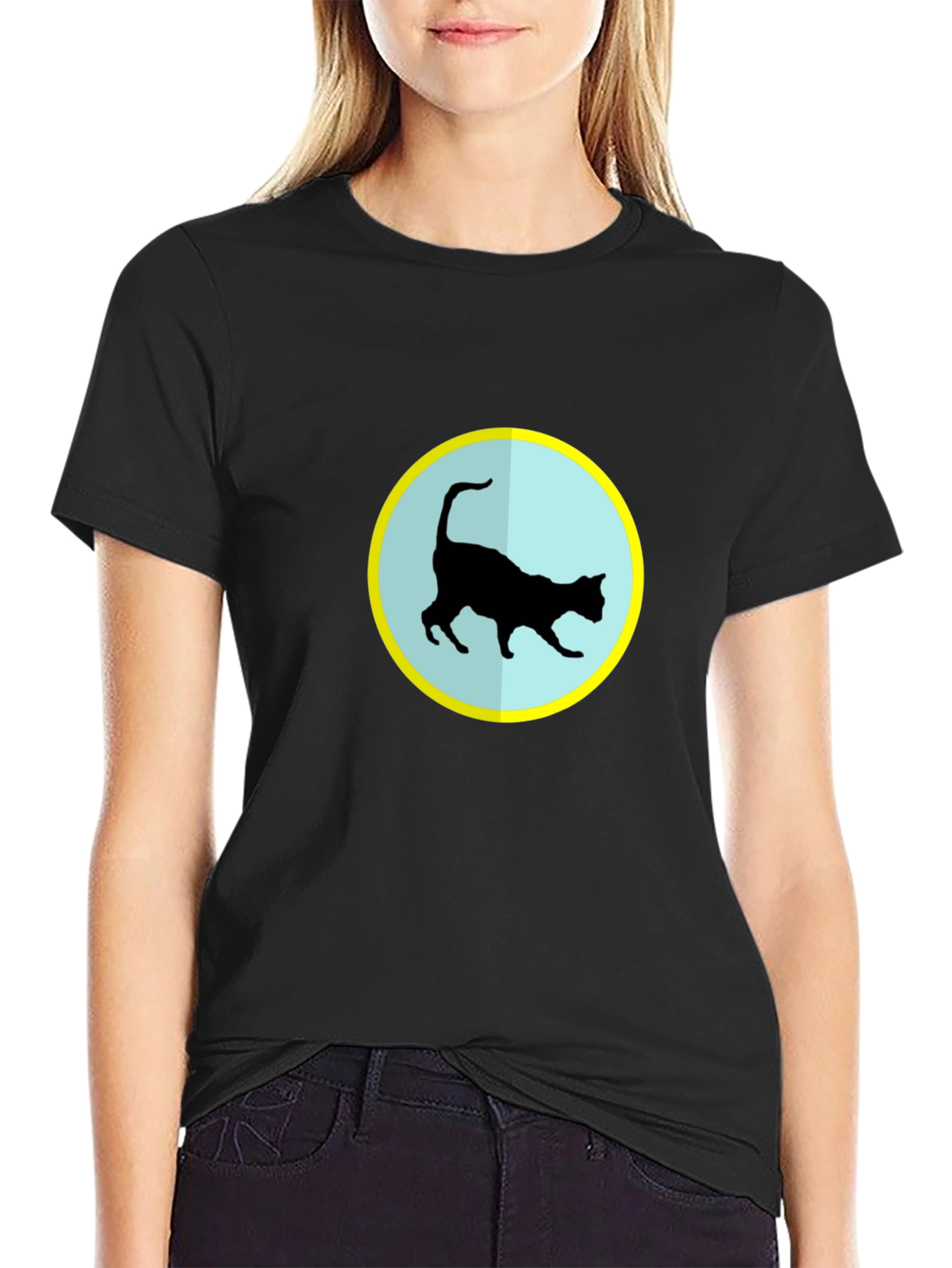 Cat Silhouette T-Shirt - Black Crew Neck Tee