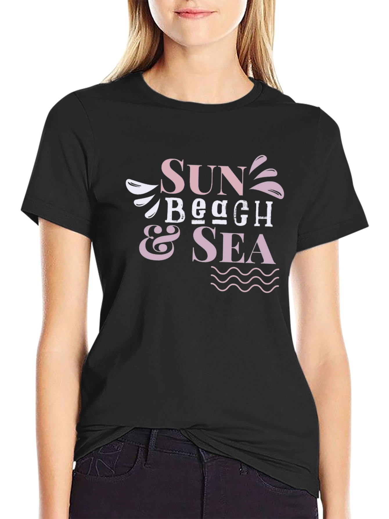 Sun Beach Sea Black Graphic T-Shirt