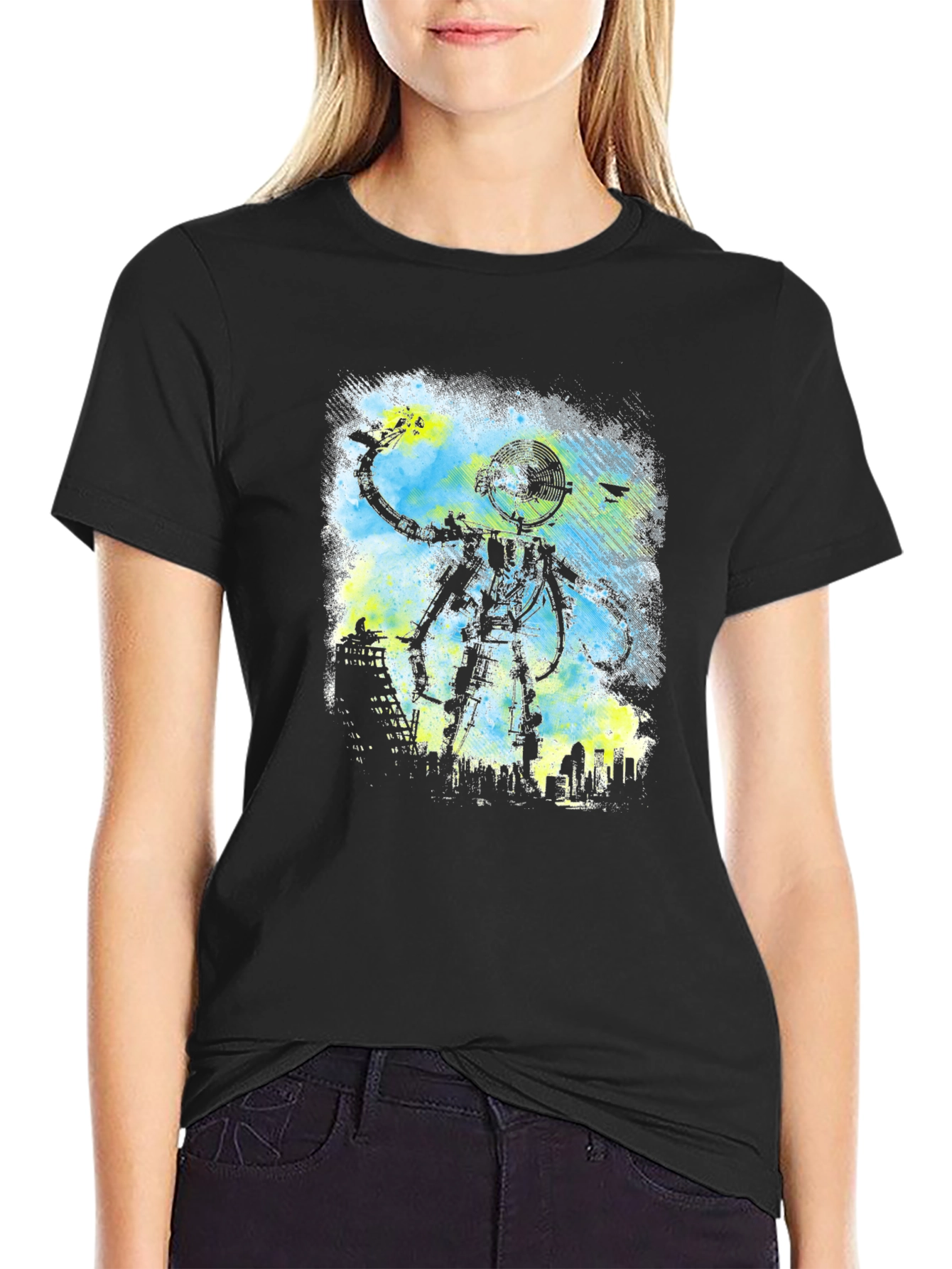 Robot Cityscape Black Graphic Tee