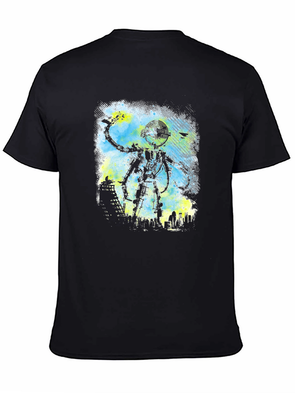 Robot Cityscape Black Graphic Tee