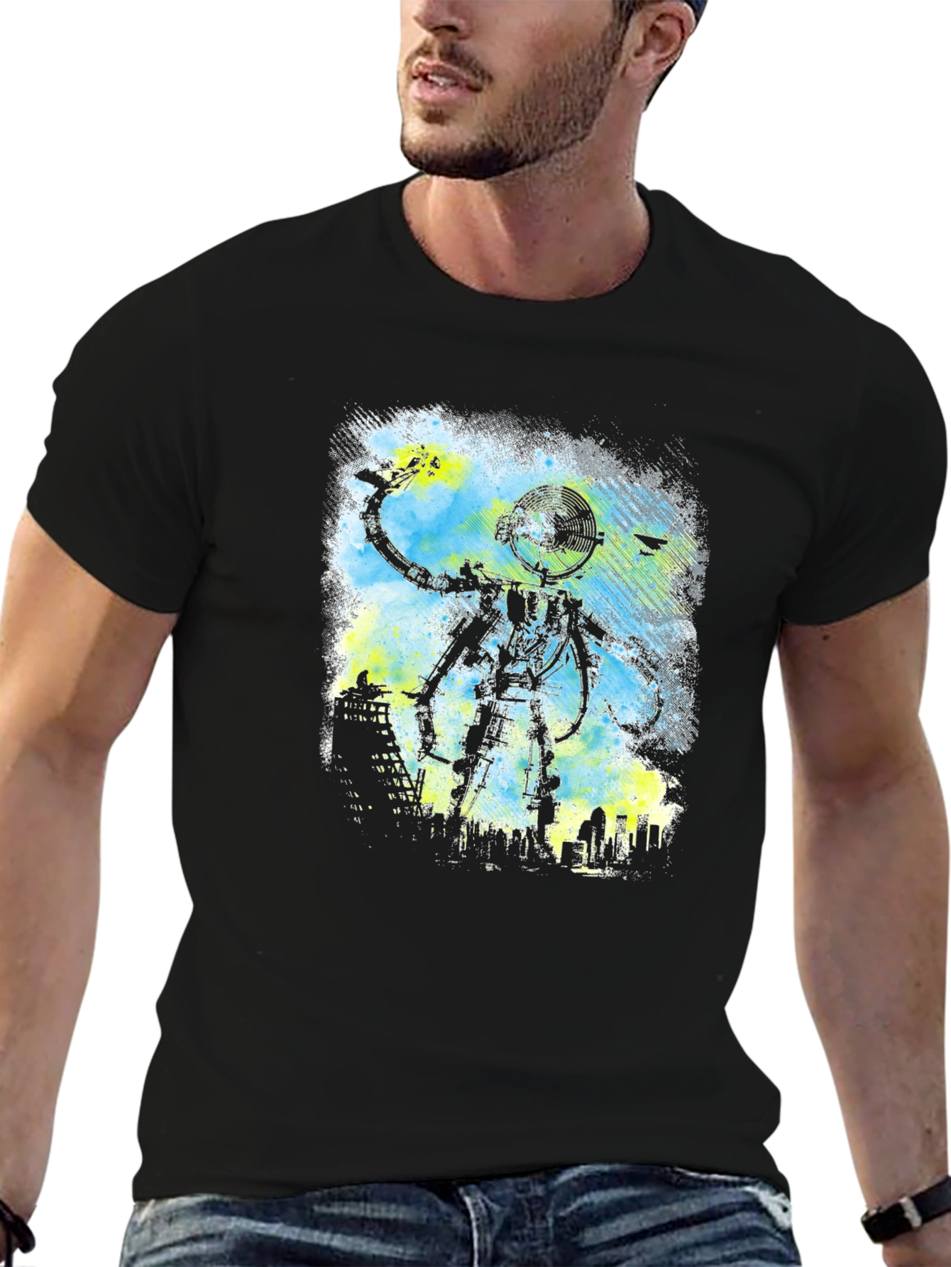 Robot Cityscape Black Graphic Tee