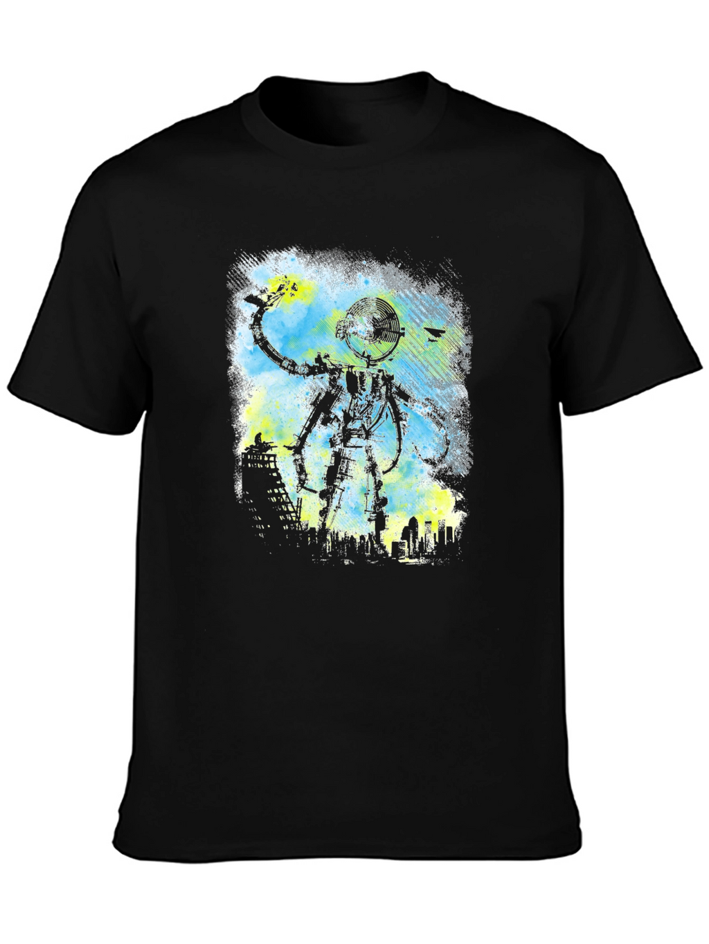 Robot Cityscape Black Graphic Tee