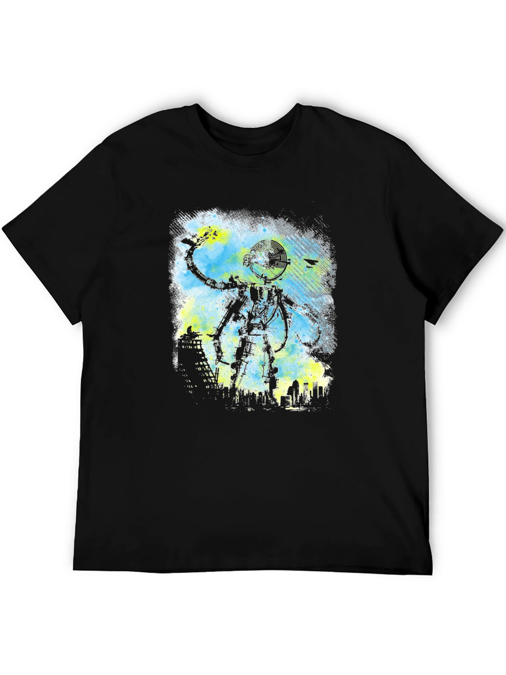 Robot Cityscape Black Graphic Tee