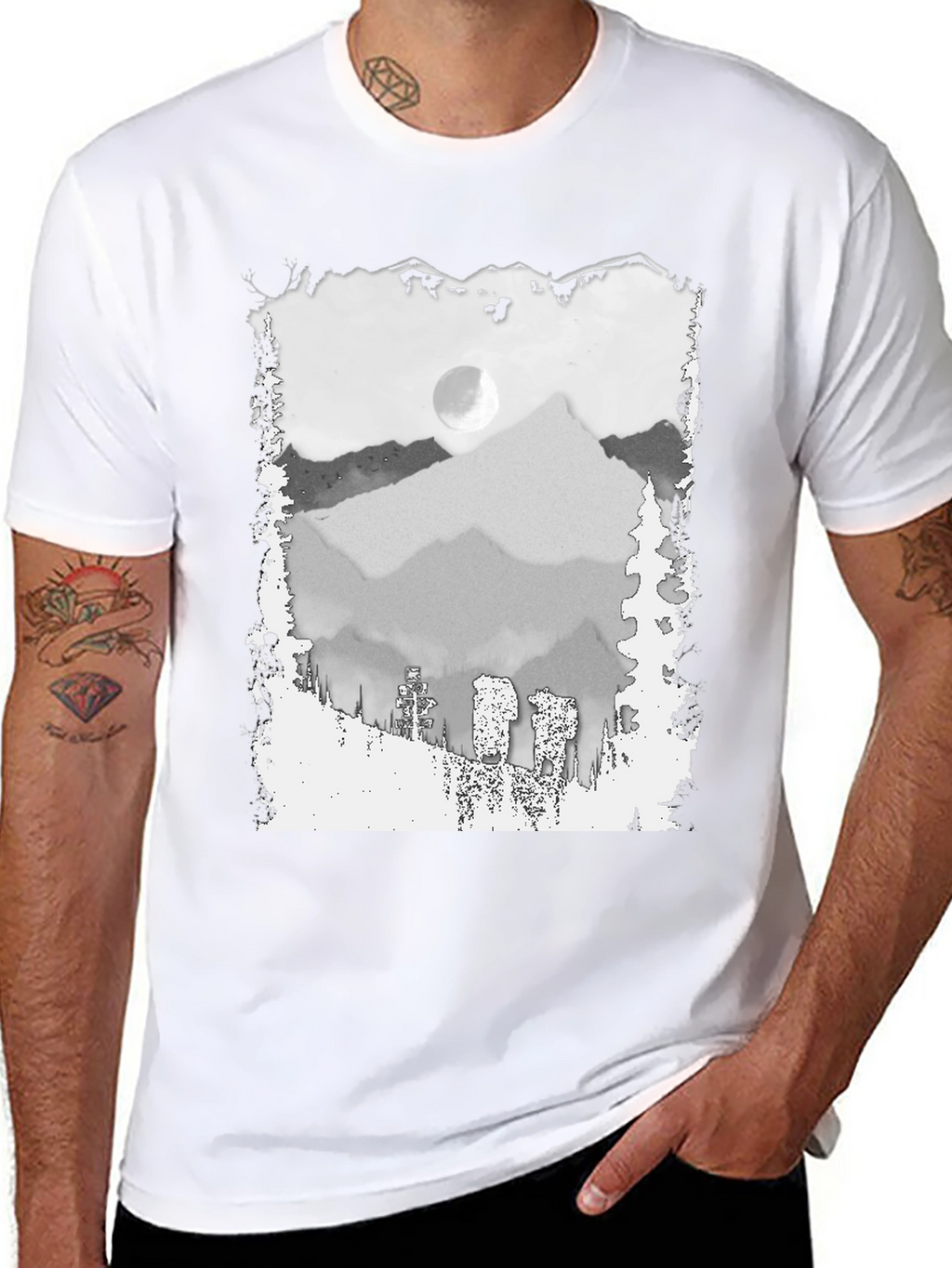 Mountain Scene Graphic Tee - Trendy Black T-Shirt