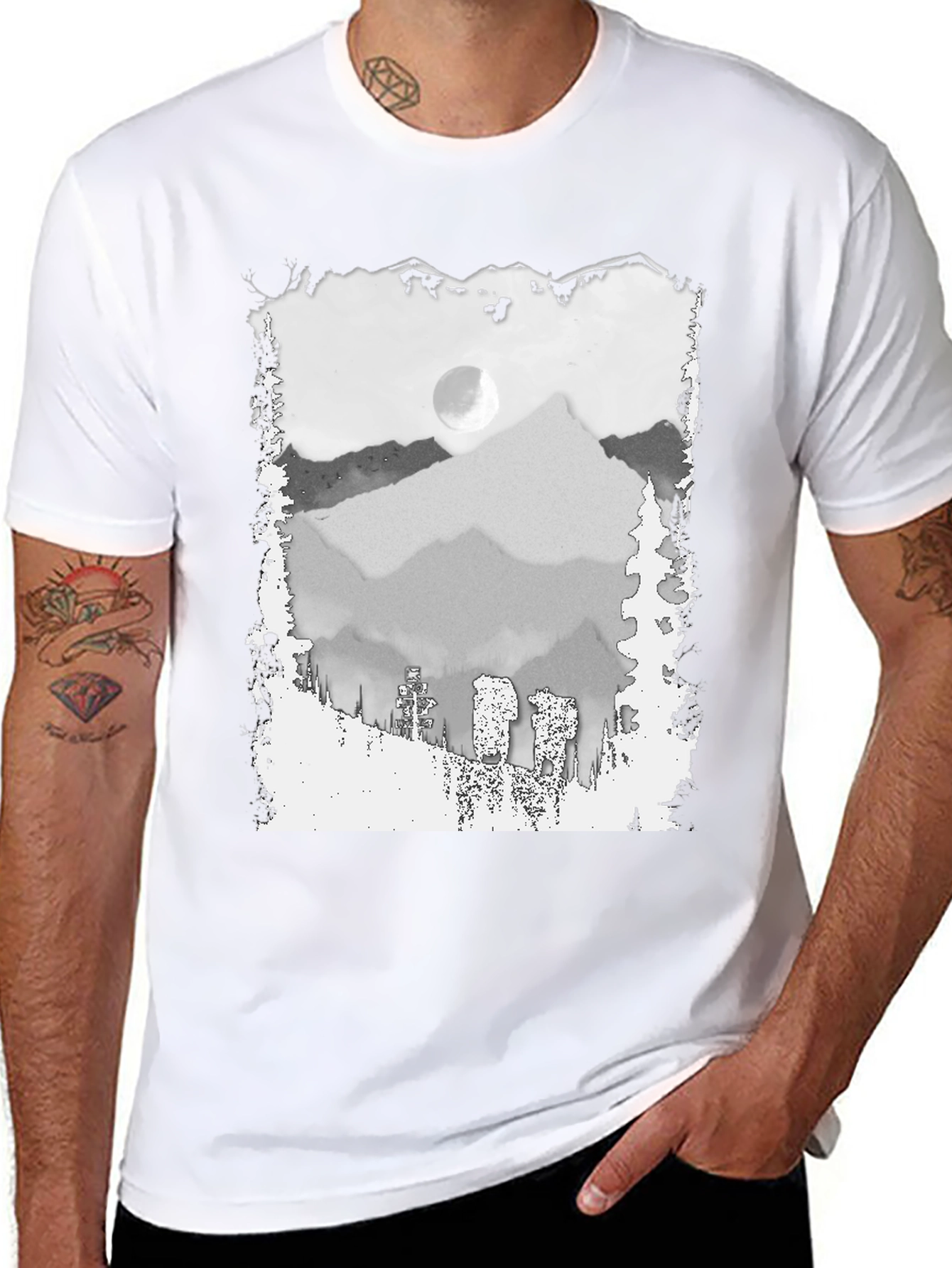 Mountain Scene Graphic Tee - Trendy Black T-Shirt