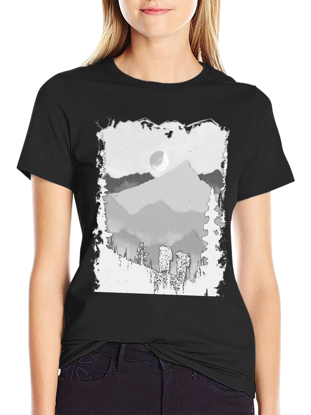 Mountain Scene Graphic Tee - Trendy Black T-Shirt