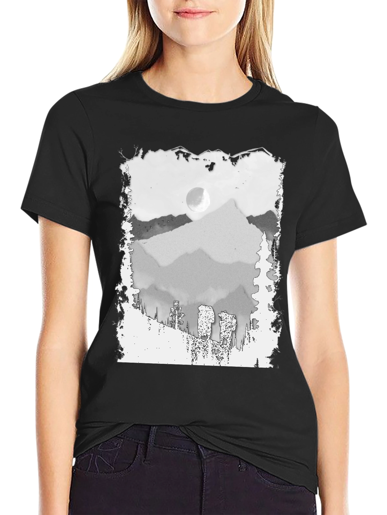 Mountain Scene Graphic Tee - Trendy Black T-Shirt
