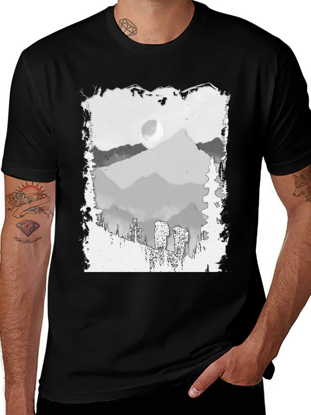 Mountain Scene Graphic Tee - Trendy Black T-Shirt