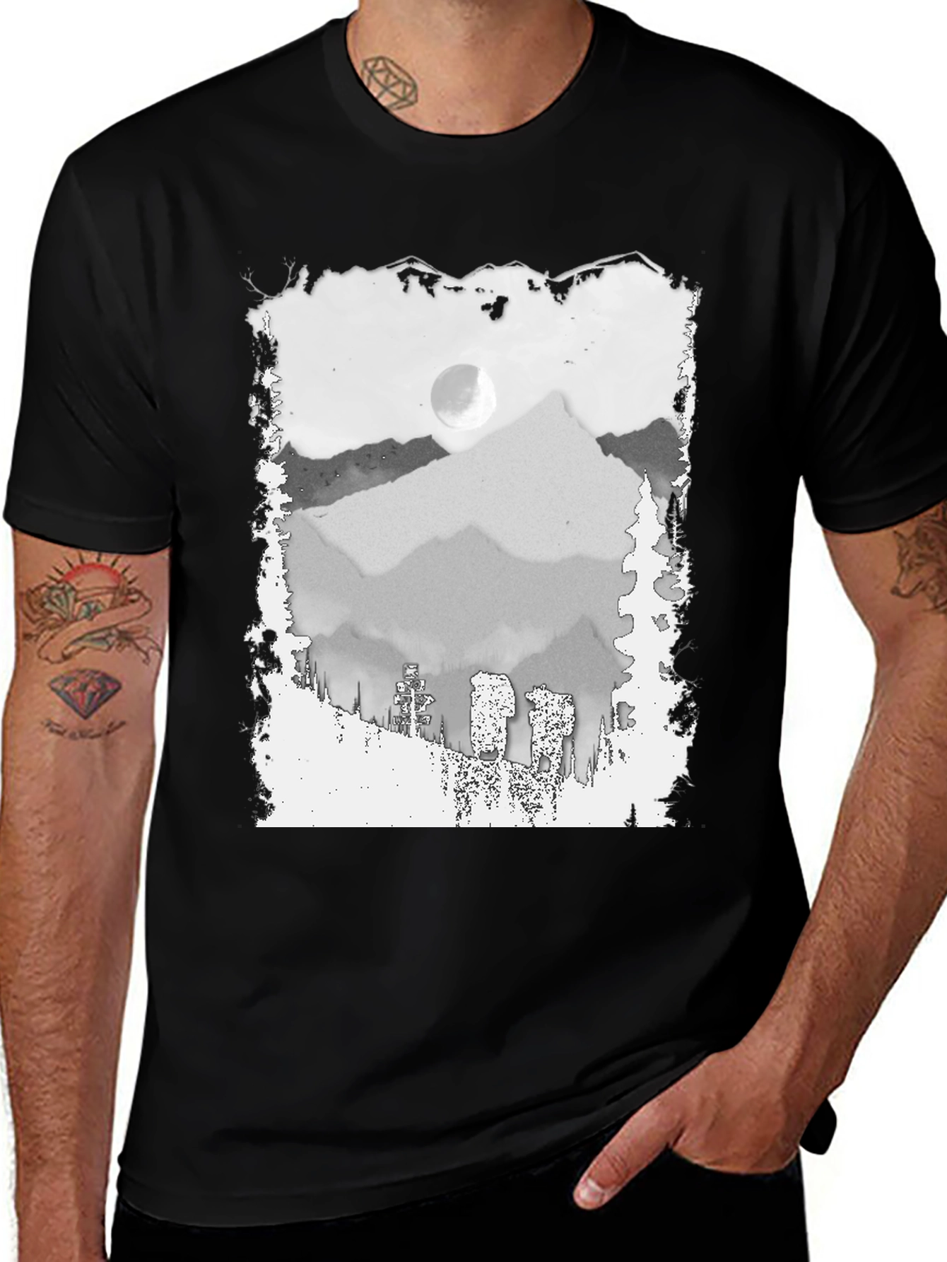 Mountain Scene Graphic Tee - Trendy Black T-Shirt