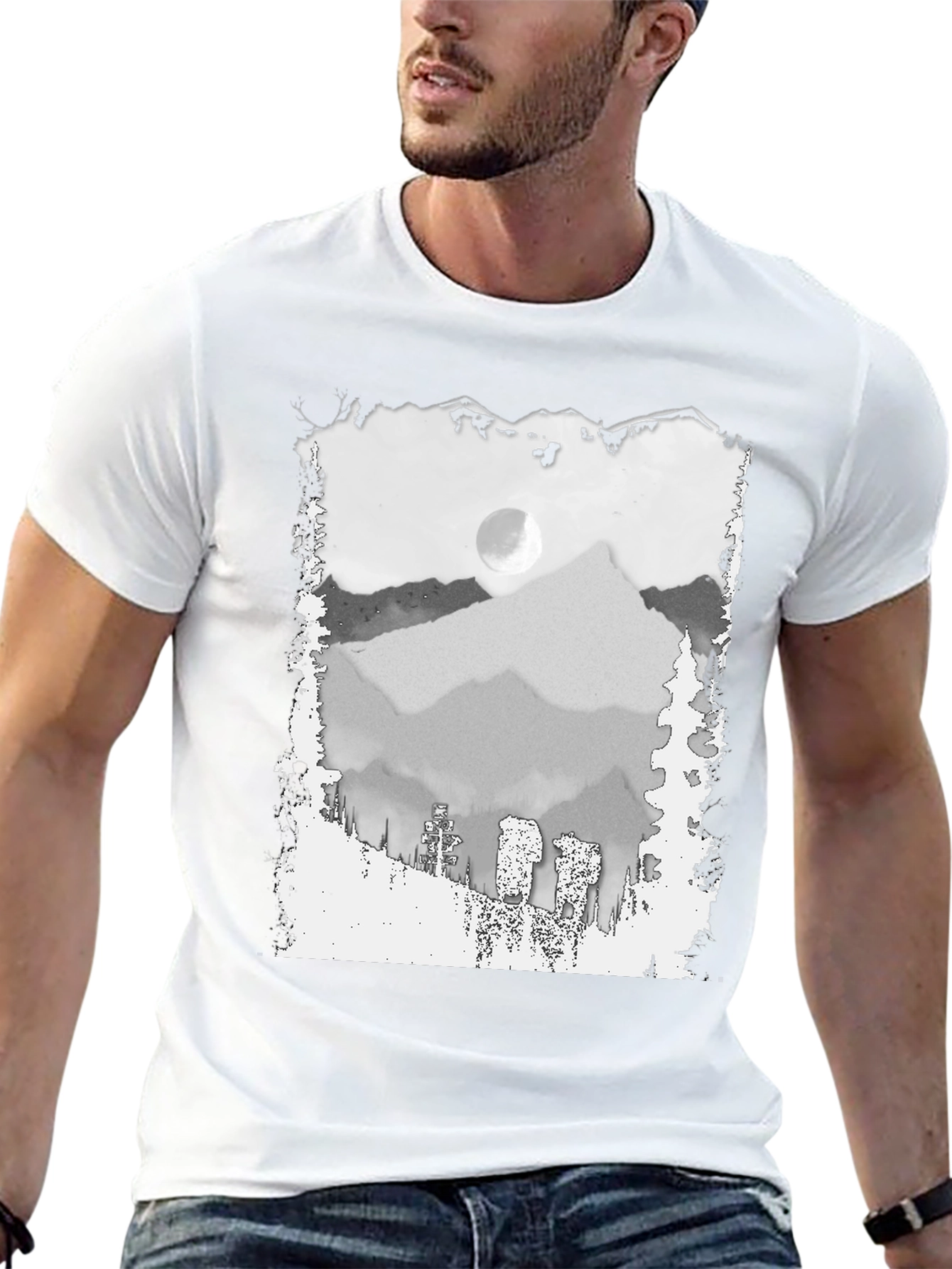 Mountain Scene Graphic Tee - Trendy Black T-Shirt