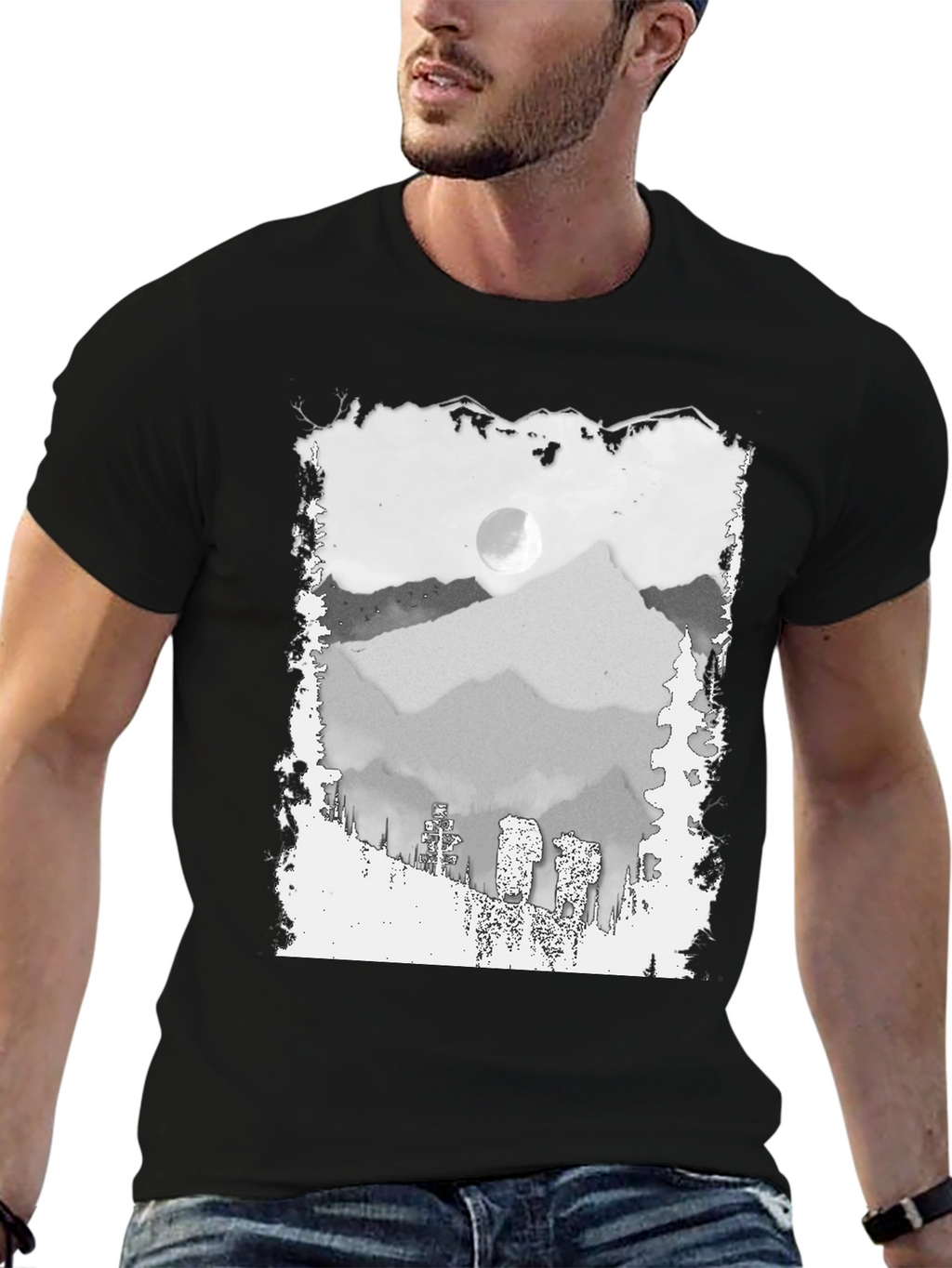 Mountain Scene Graphic Tee - Trendy Black T-Shirt