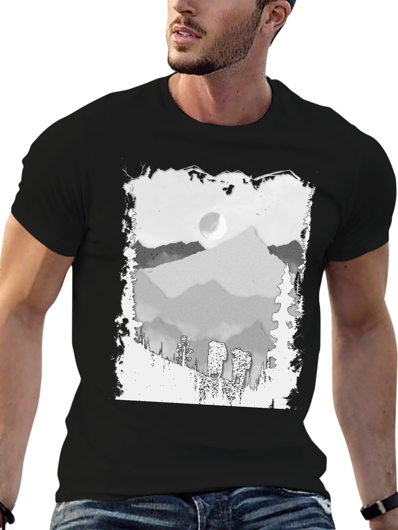 Mountain Scene Graphic Tee - Trendy Black T-Shirt