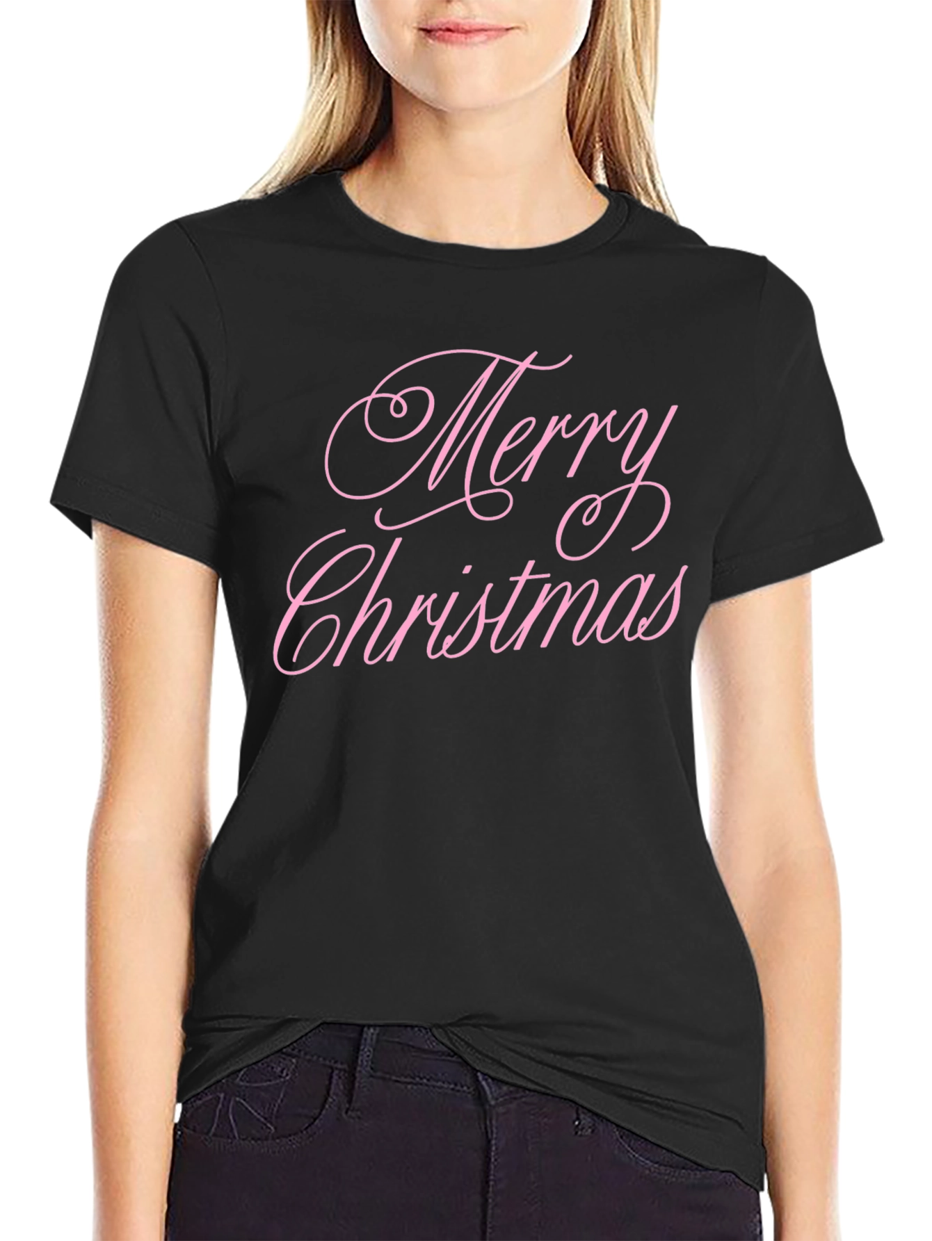Merry Christmas Pink Script Black T-Shirt