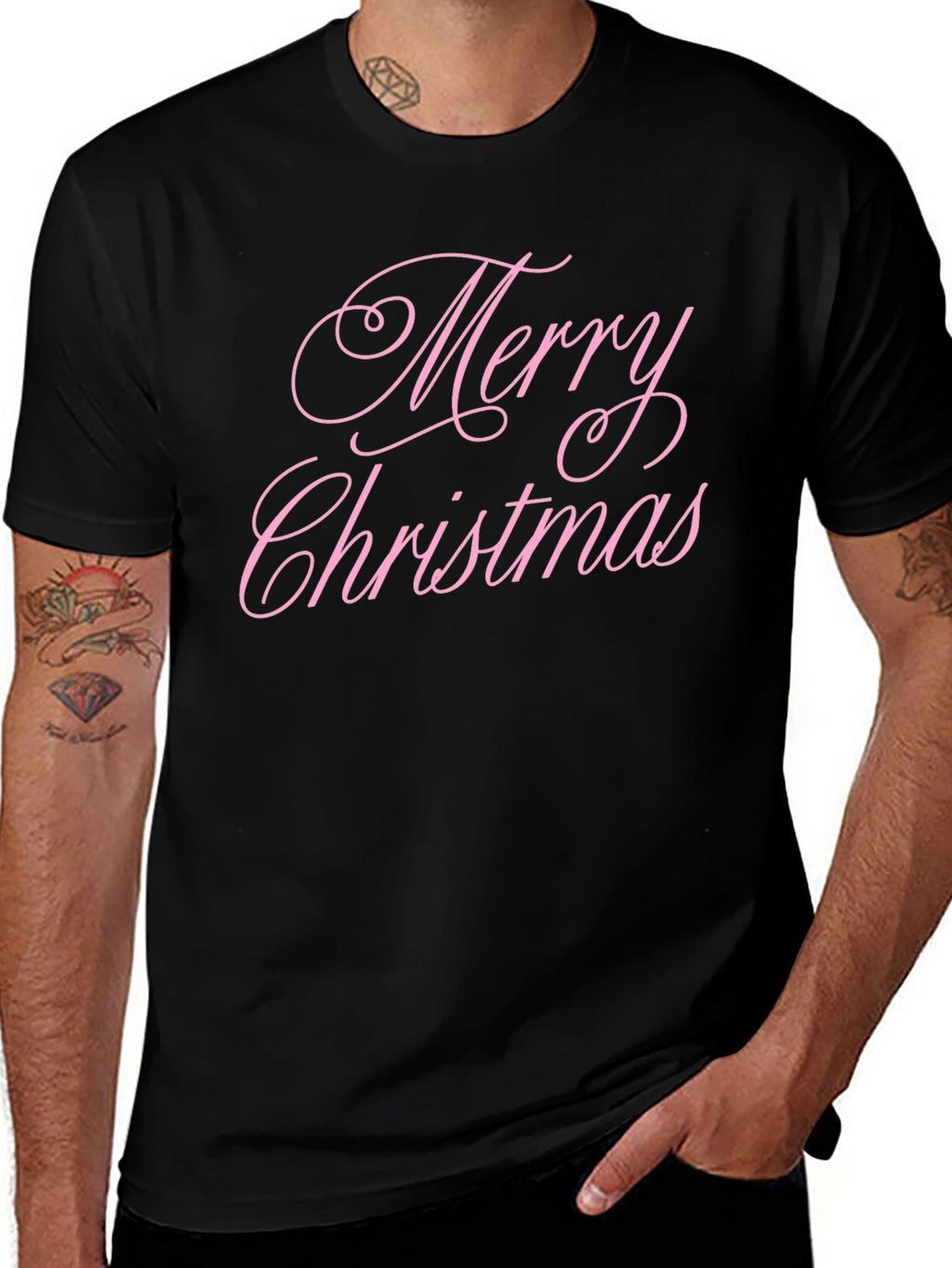 Merry Christmas Pink Script Black T-Shirt