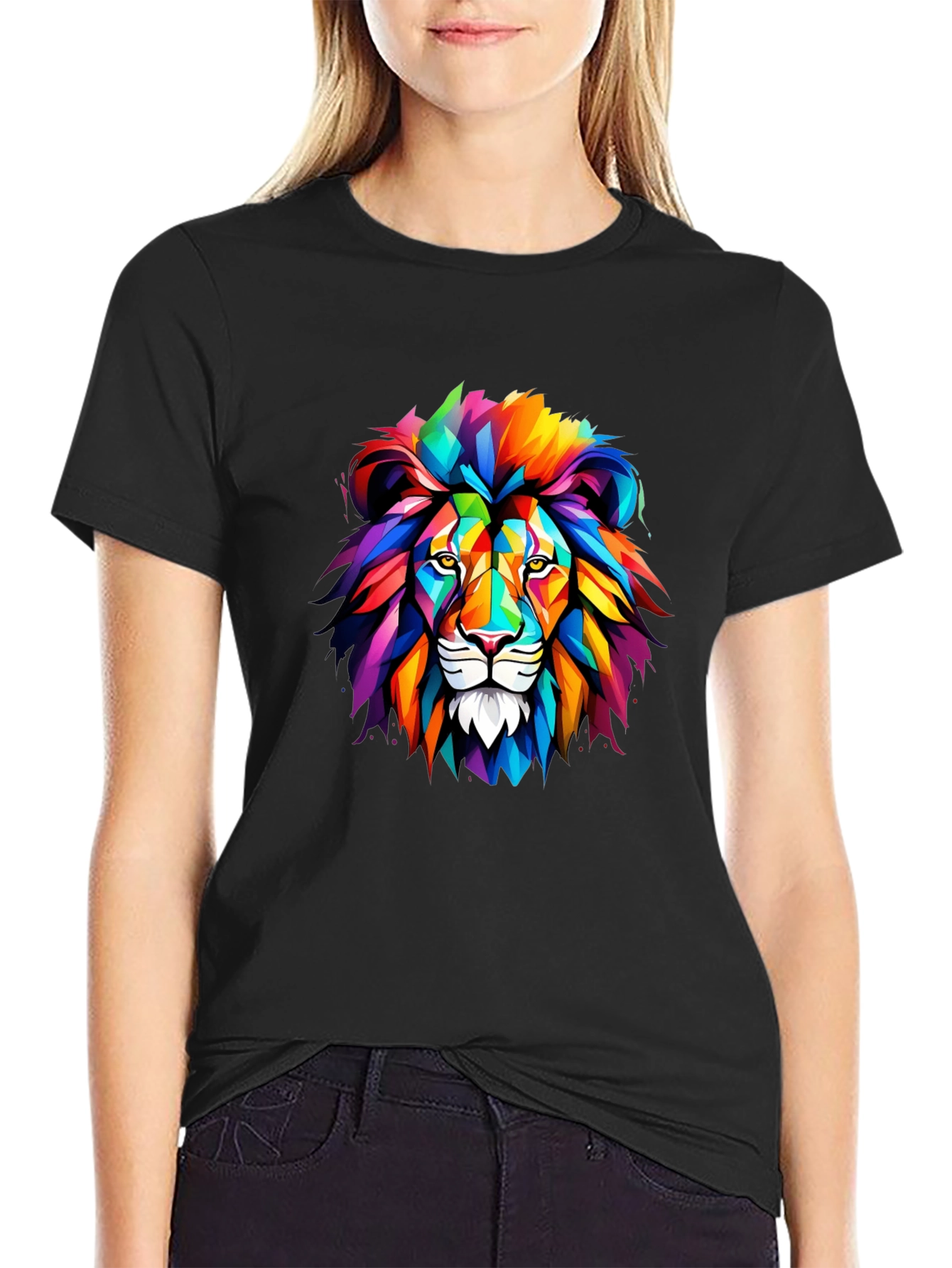 Mens Black T-Shirt with Colorful Lion Graphic