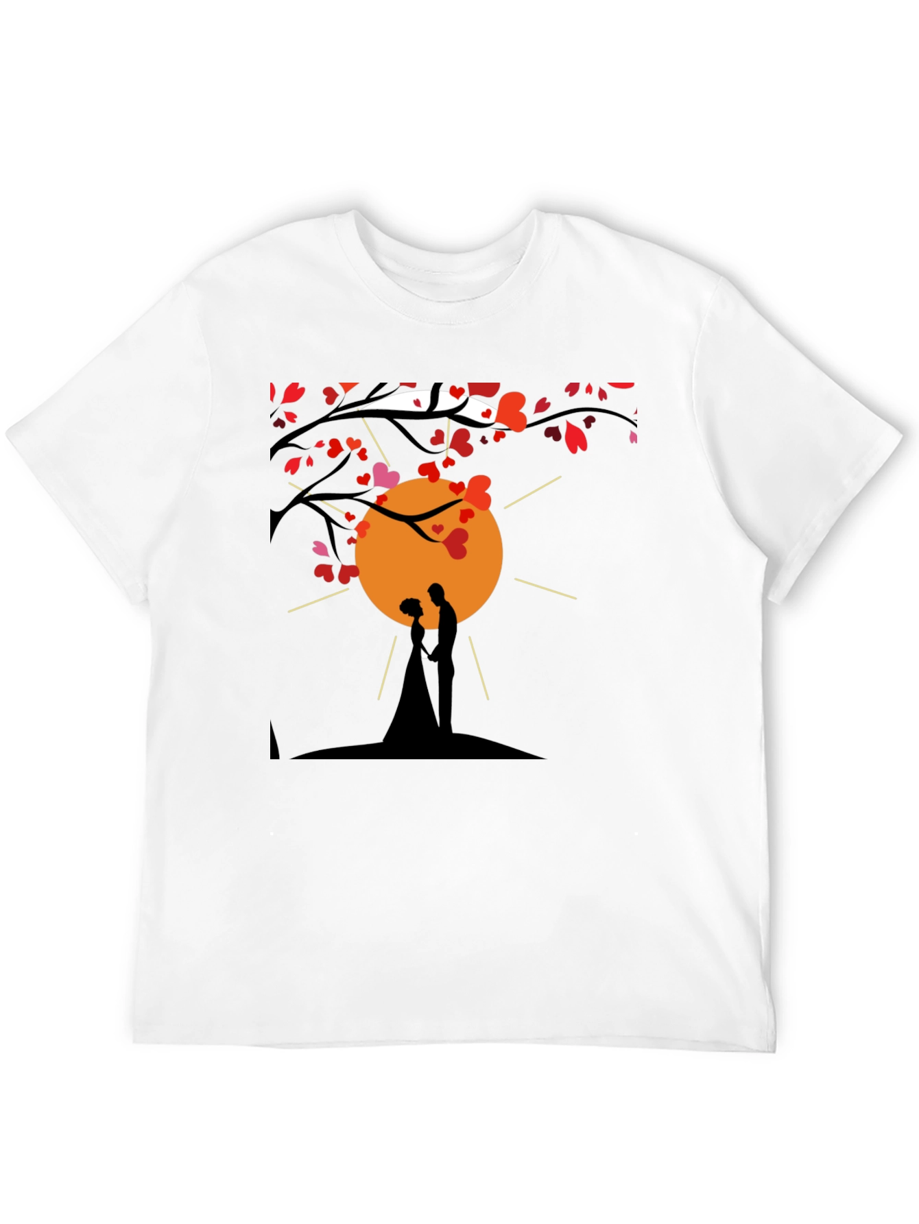 Romantic Couple Silhouette Heart Tree Black T-Shirt
