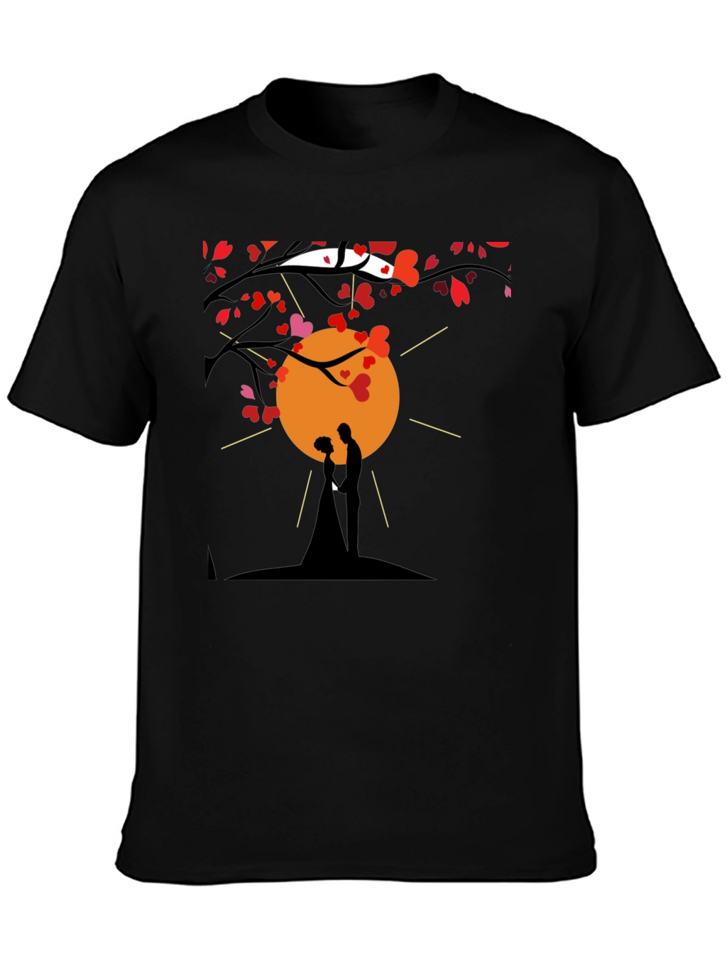 Romantic Couple Silhouette Heart Tree Black T-Shirt