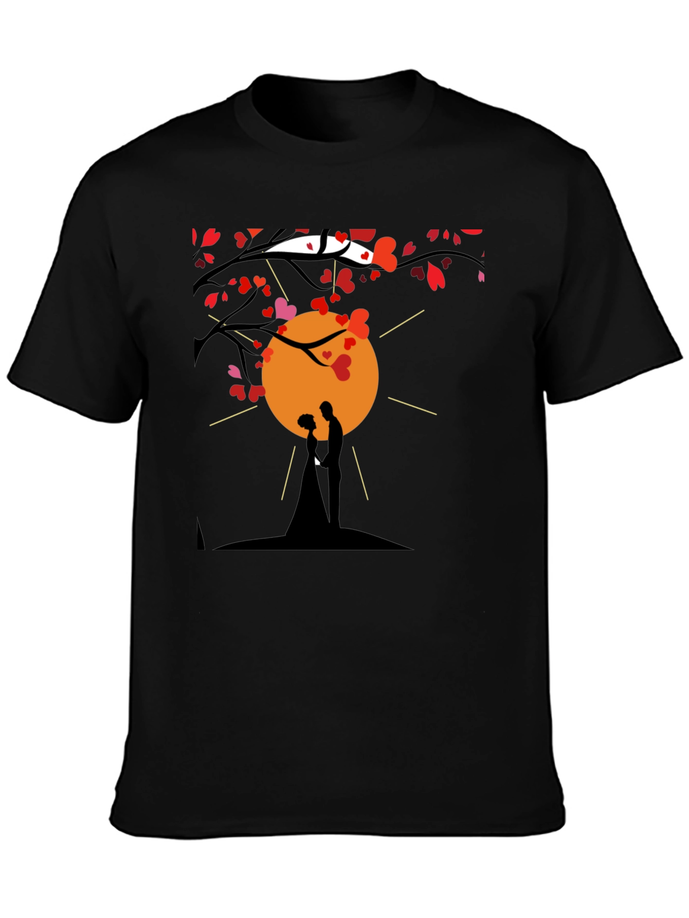 Romantic Couple Silhouette Heart Tree Black T-Shirt