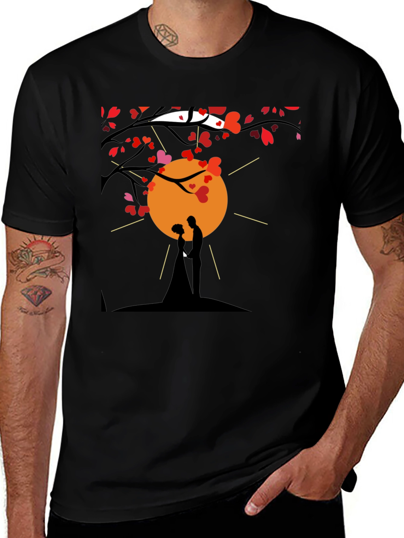 Romantic Couple Silhouette Heart Tree Black T-Shirt