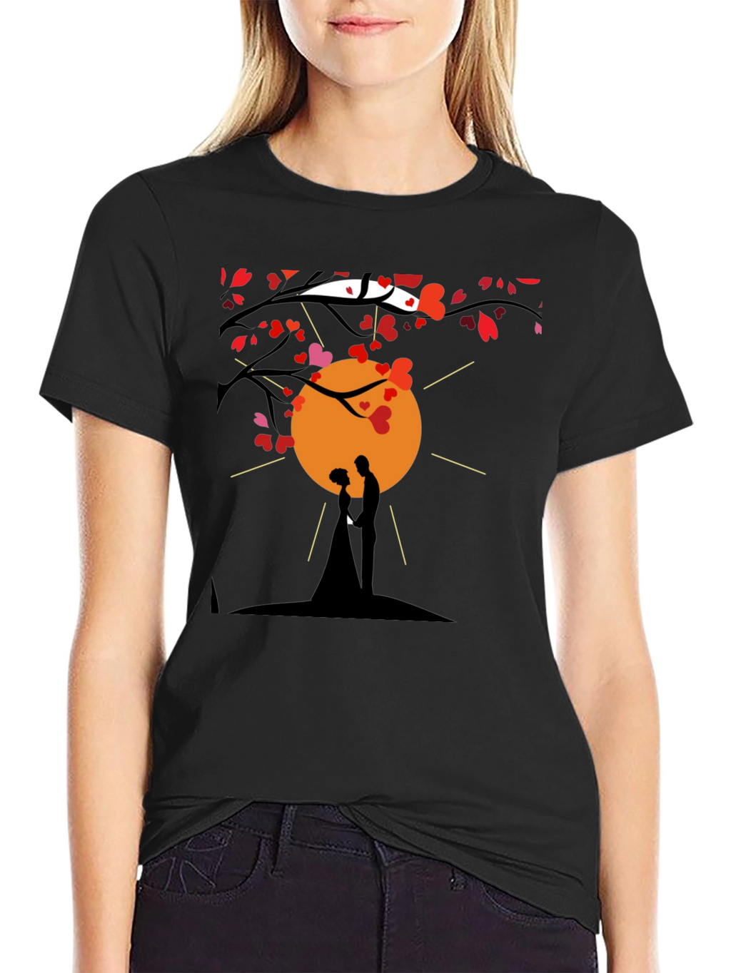 Romantic Couple Silhouette Heart Tree Black T-Shirt