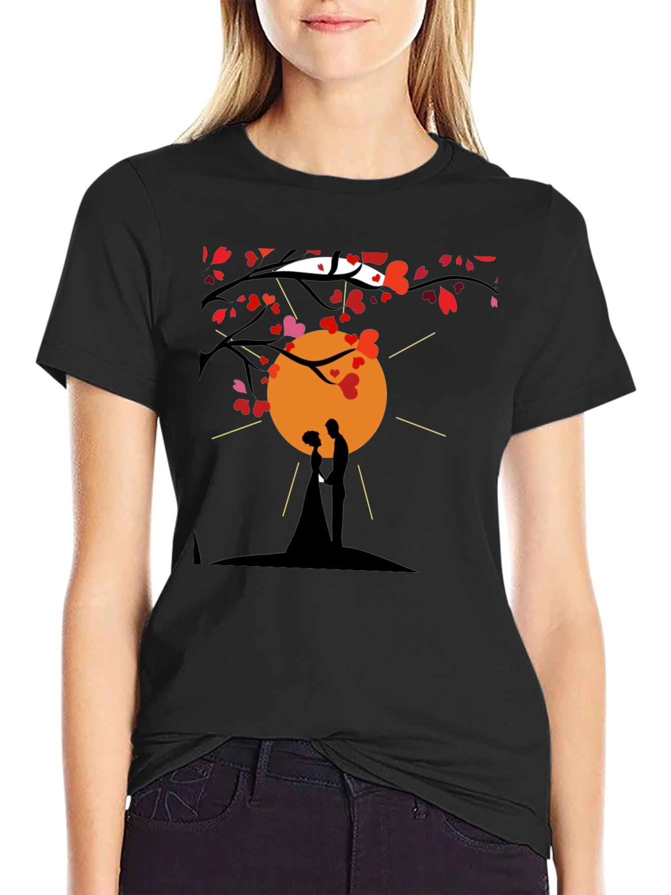 Romantic Couple Silhouette Heart Tree Black T-Shirt