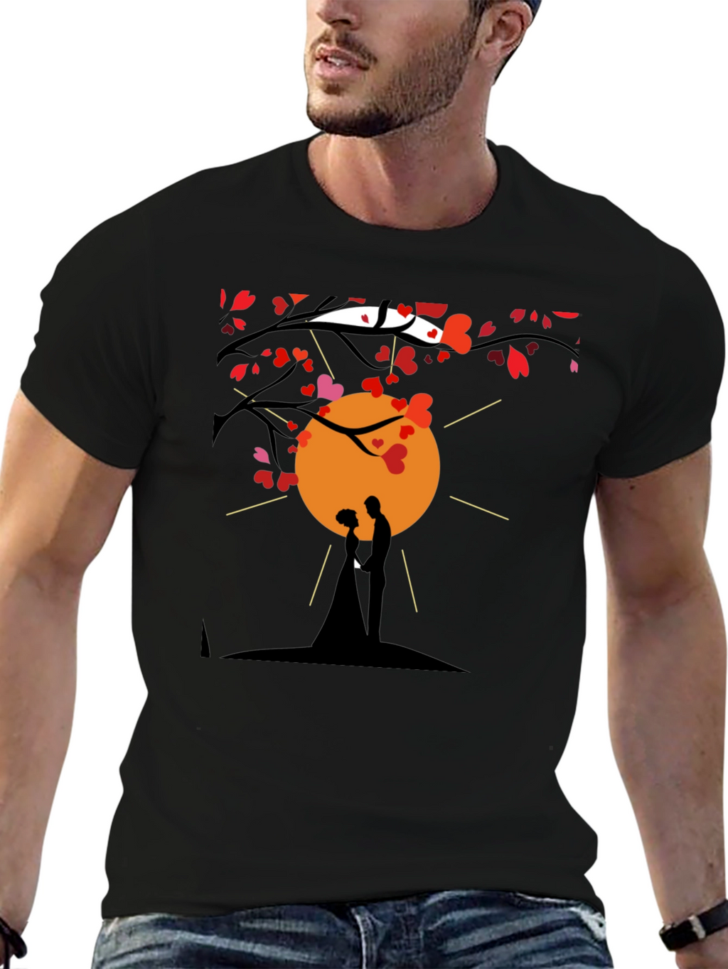 Romantic Couple Silhouette Heart Tree Black T-Shirt