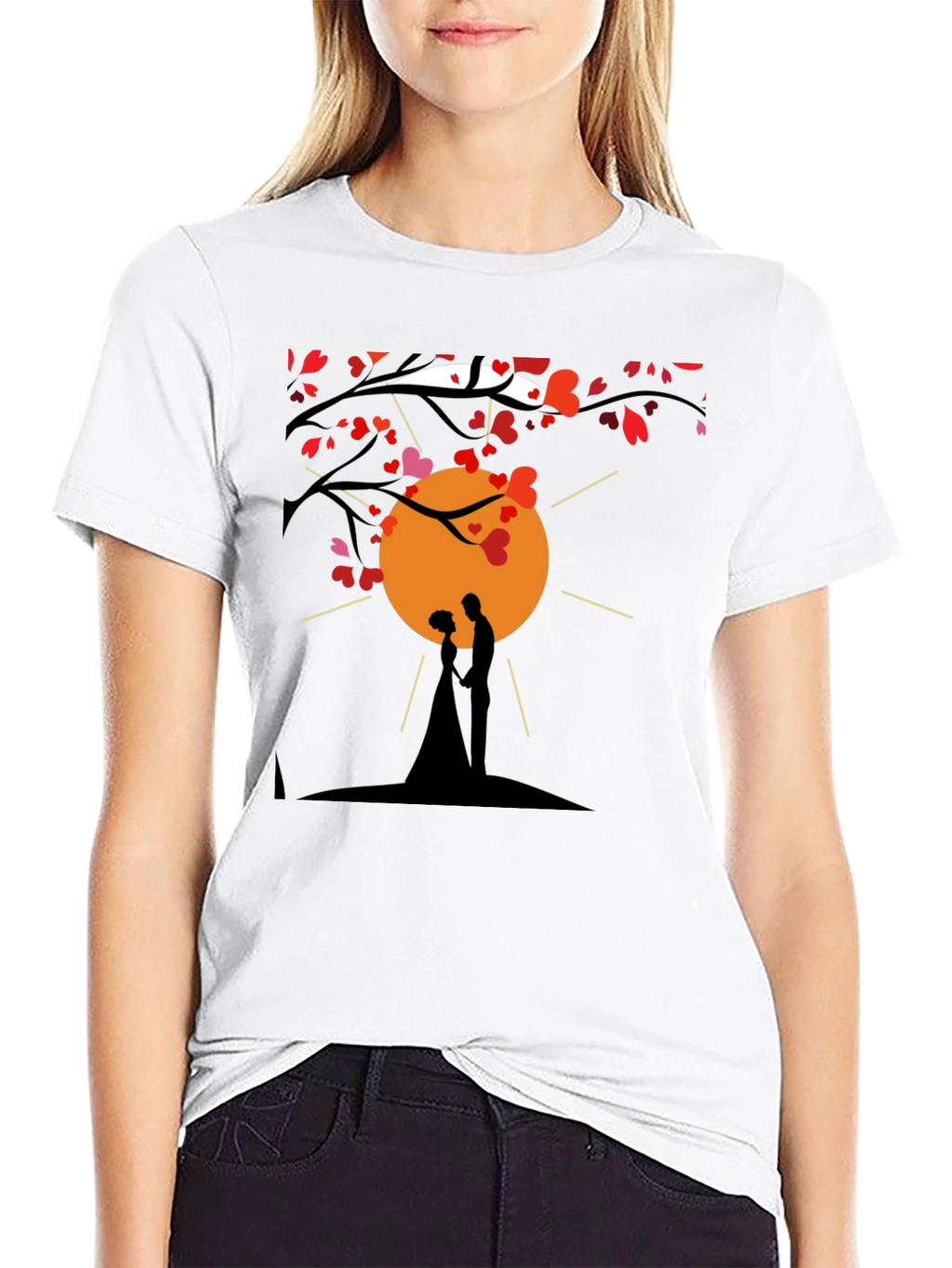 Romantic Couple Silhouette Heart Tree Black T-Shirt