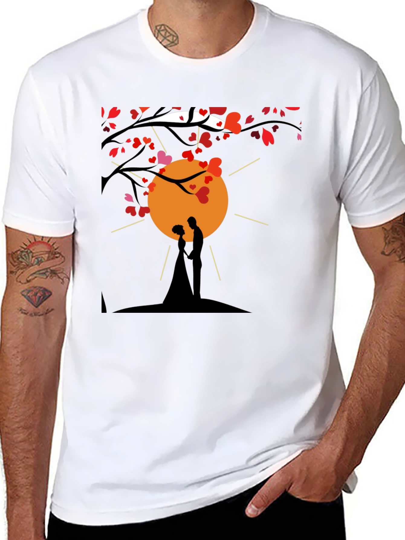 Romantic Couple Silhouette Heart Tree Black T-Shirt