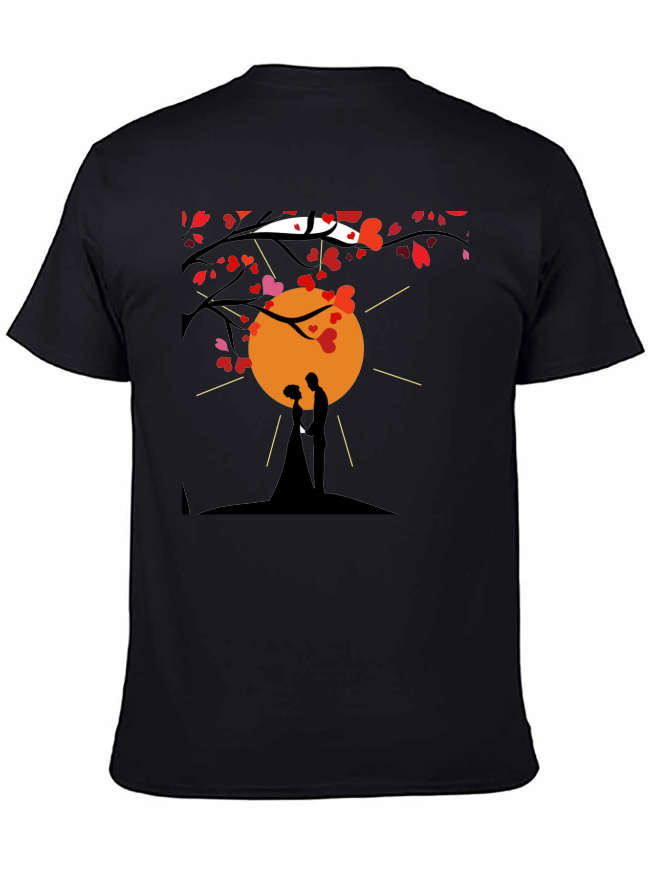 Romantic Couple Silhouette Heart Tree Black T-Shirt